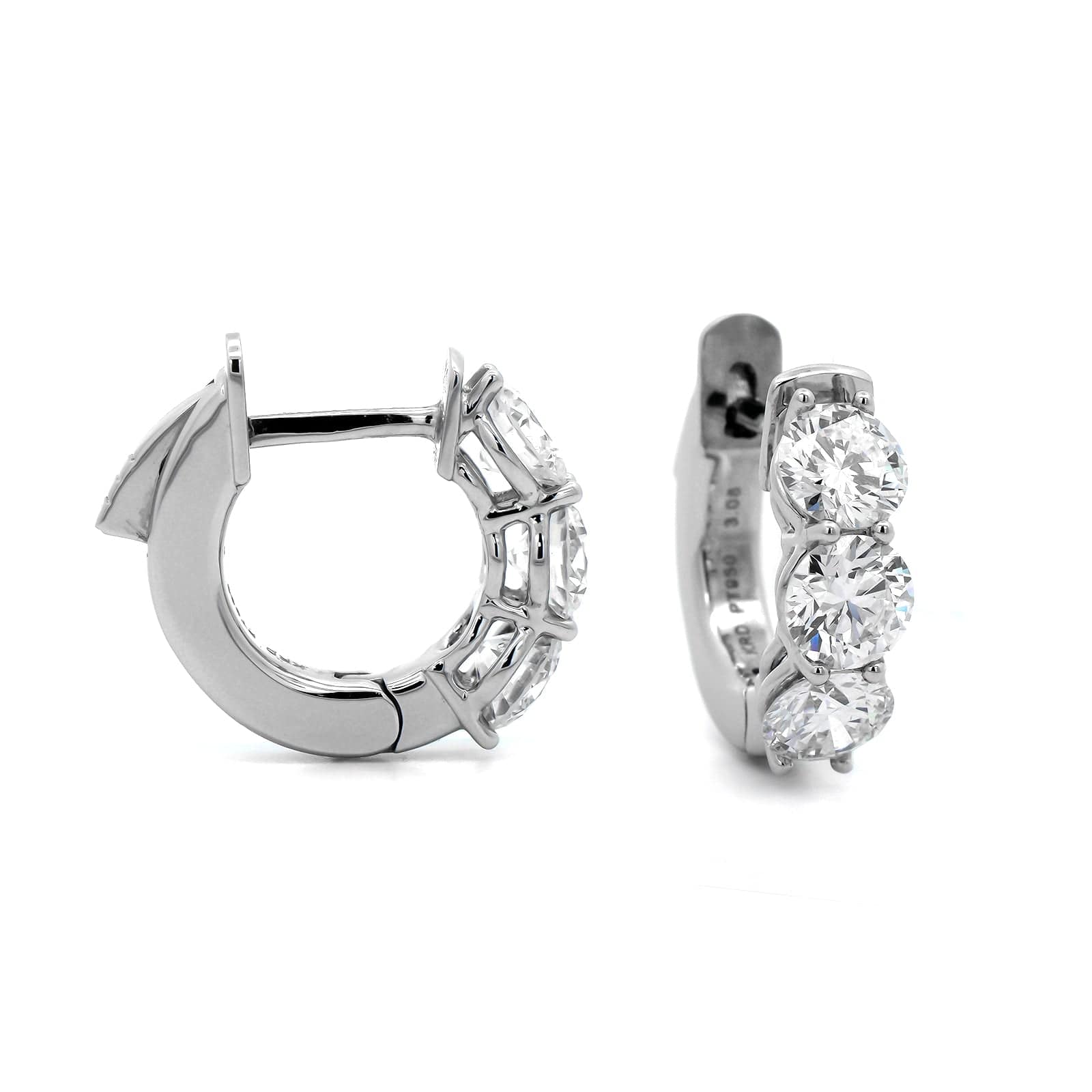 Platinum 3 Stone Round Diamond Huggie Earrings - Image 3