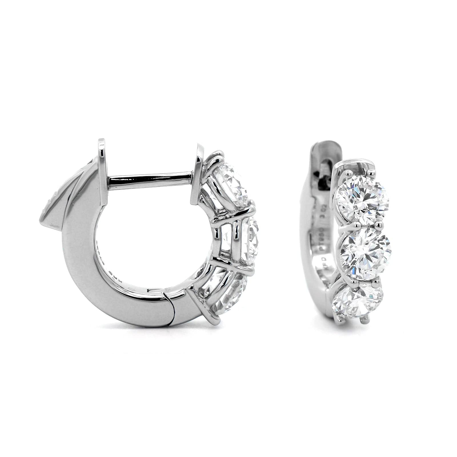 Platinum 3 Stone Round Diamond Huggie Earrings - Image 3