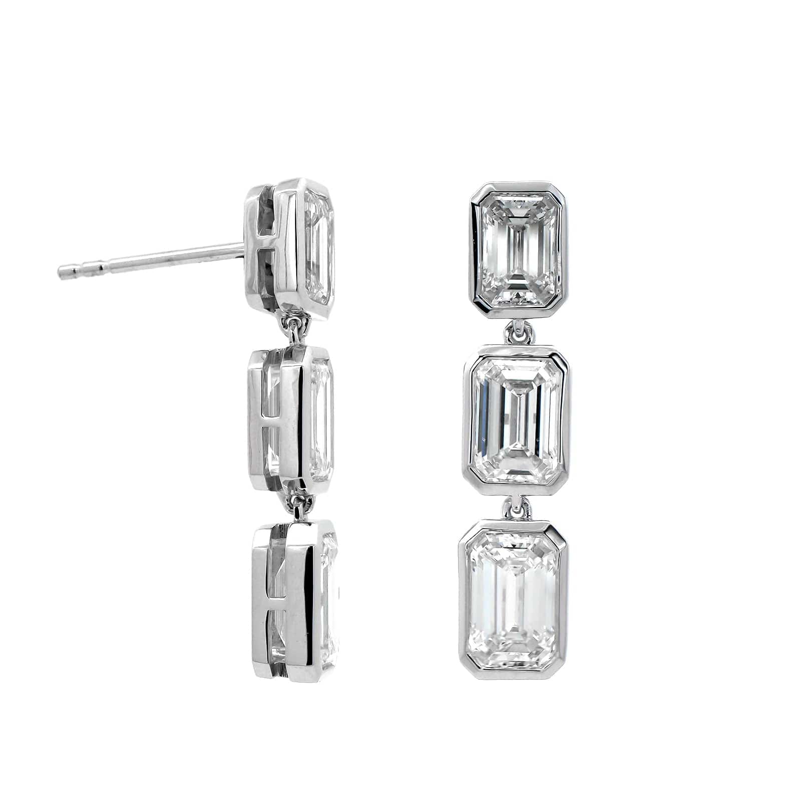 18K White Gold 3 Stone Emerald Cut Diamond Drop Earrings