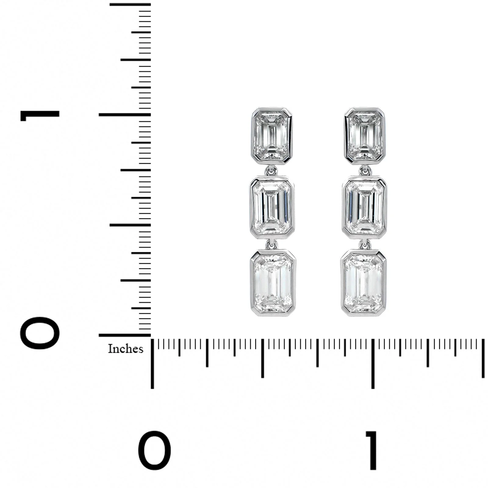 18K White Gold 3 Stone Emerald Cut Diamond Drop Earrings - Image 2