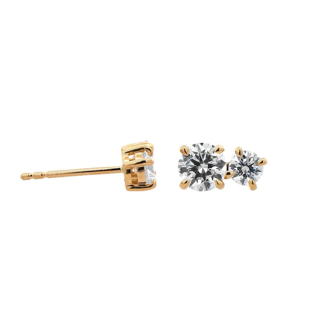 18K Yellow Gold 2 Stone Round Diamond Stud Earrings - Image 3