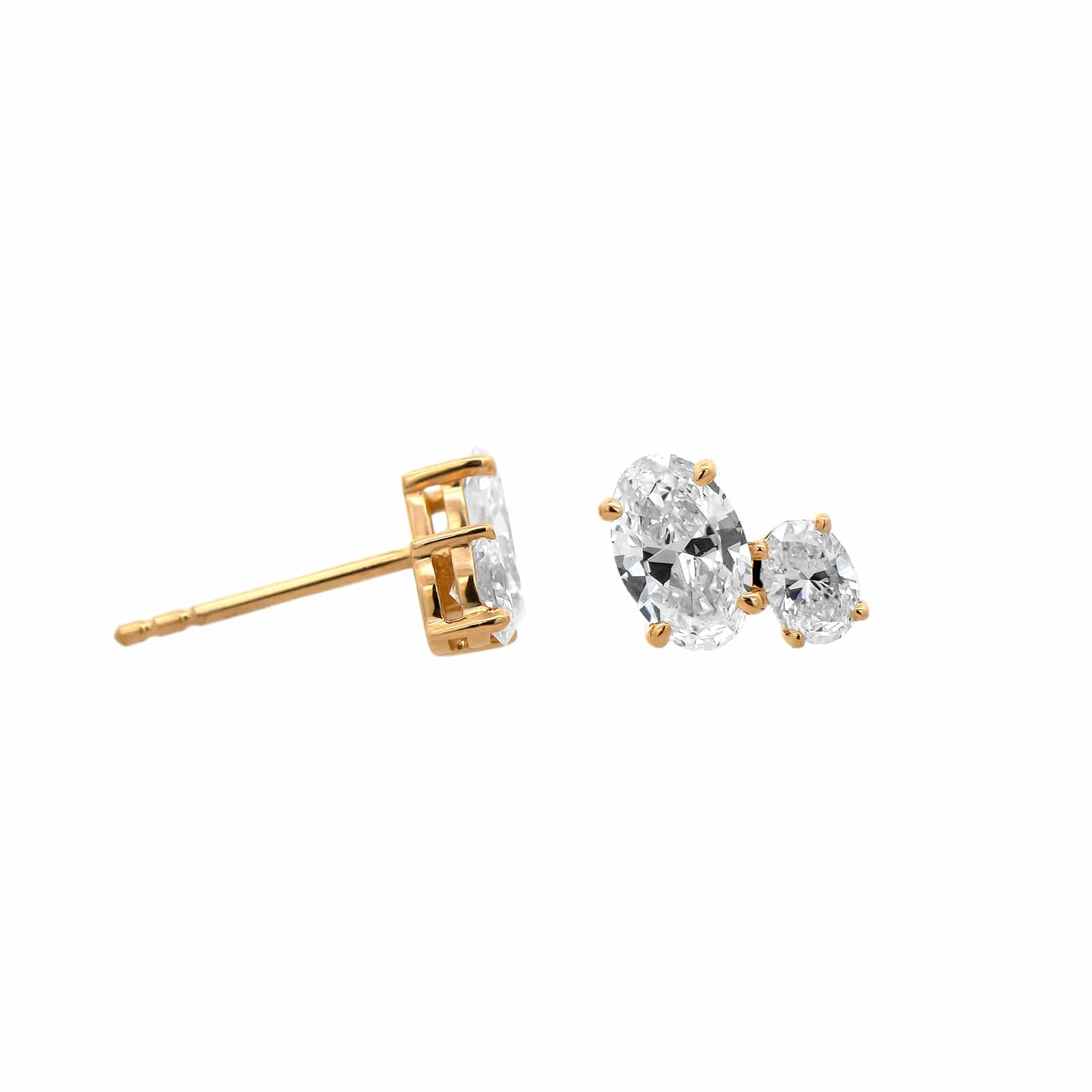 18K Yellow Gold 2 Stone Oval Diamond Stud Earrings - Image 3
