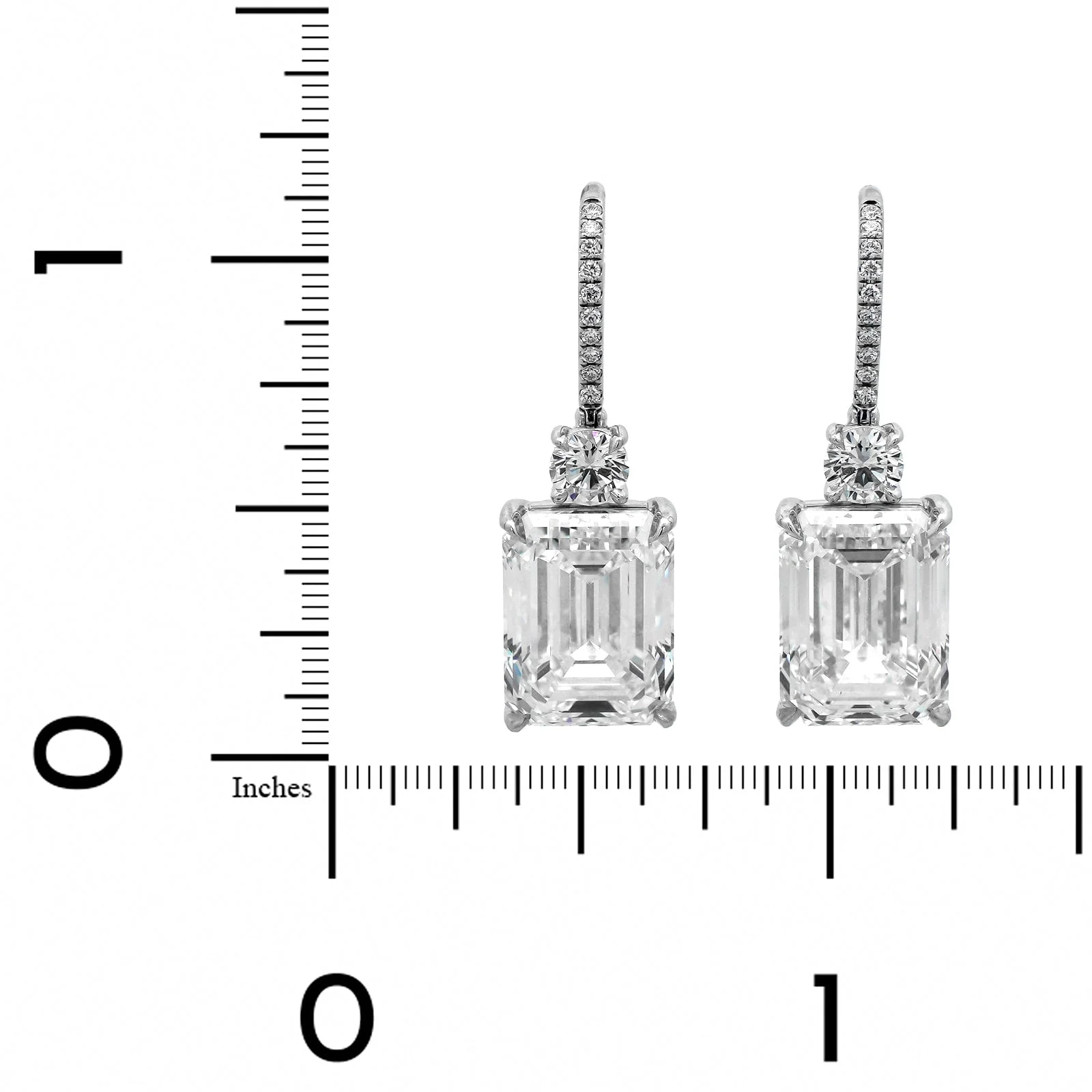 Platinum 2 Stone Emerald Cut and Round Diamond Drop Earrings - Image 2