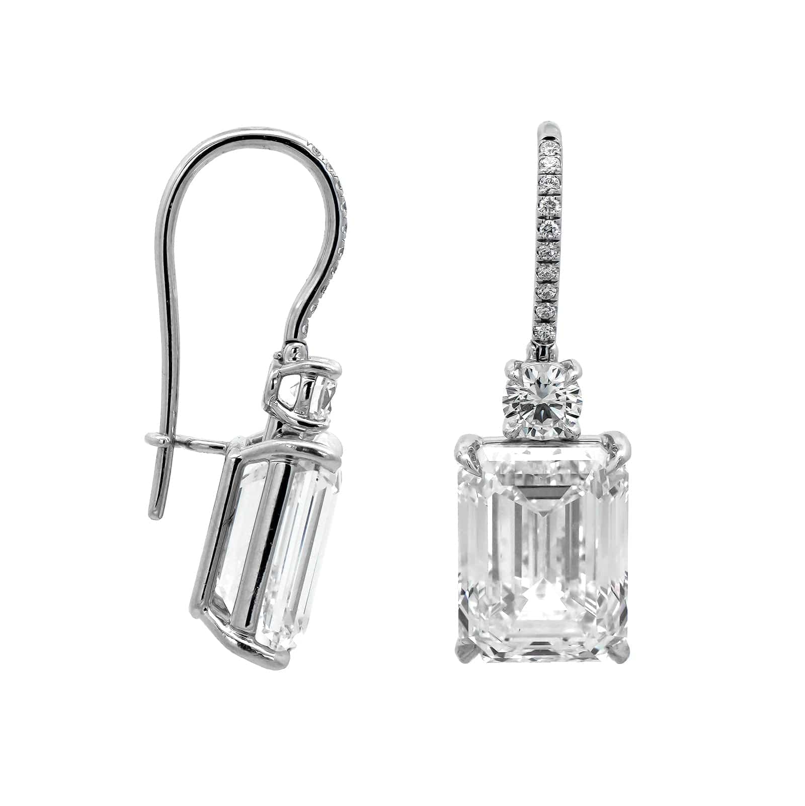 Platinum 2 Stone Emerald Cut and Round Diamond Drop Earrings - Image 3