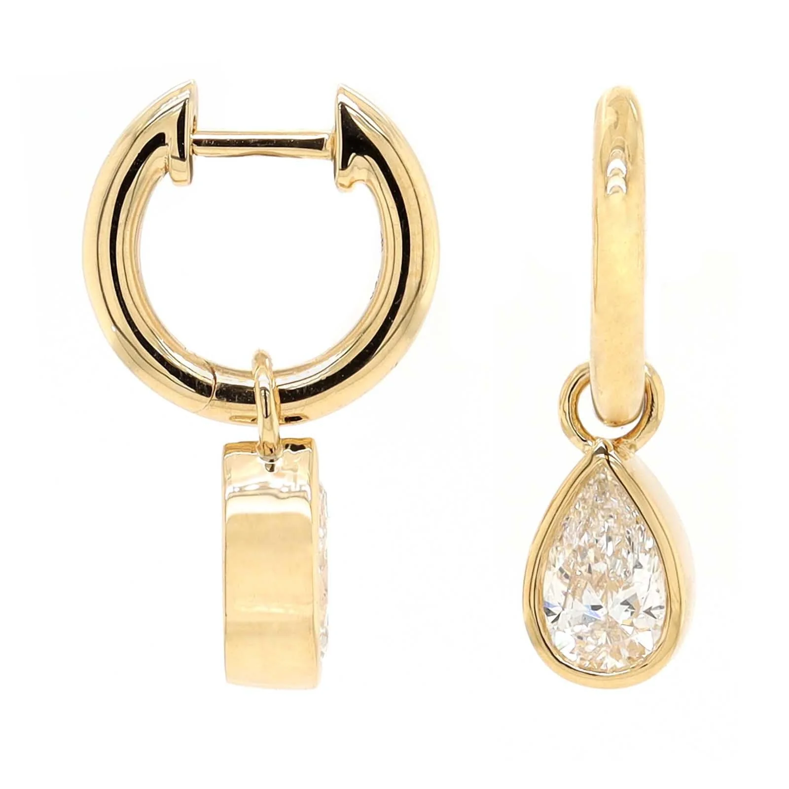 18K Yellow Gold Bezel Set Pear Shaped Diamond Huggie Earrings - Image 3