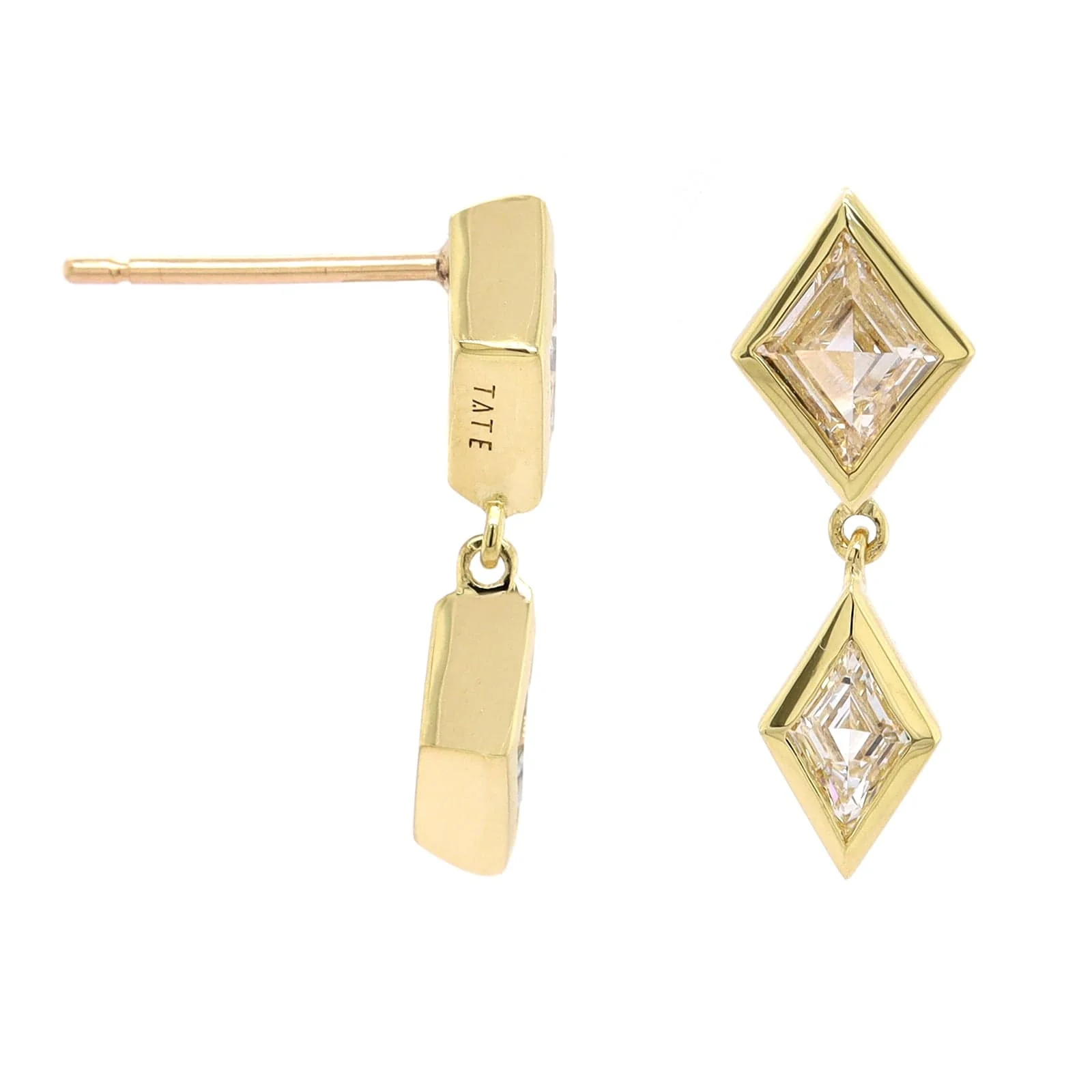 18K Yellow Gold 2 Stone Bezel Set Kite Diamond Drop Earrings