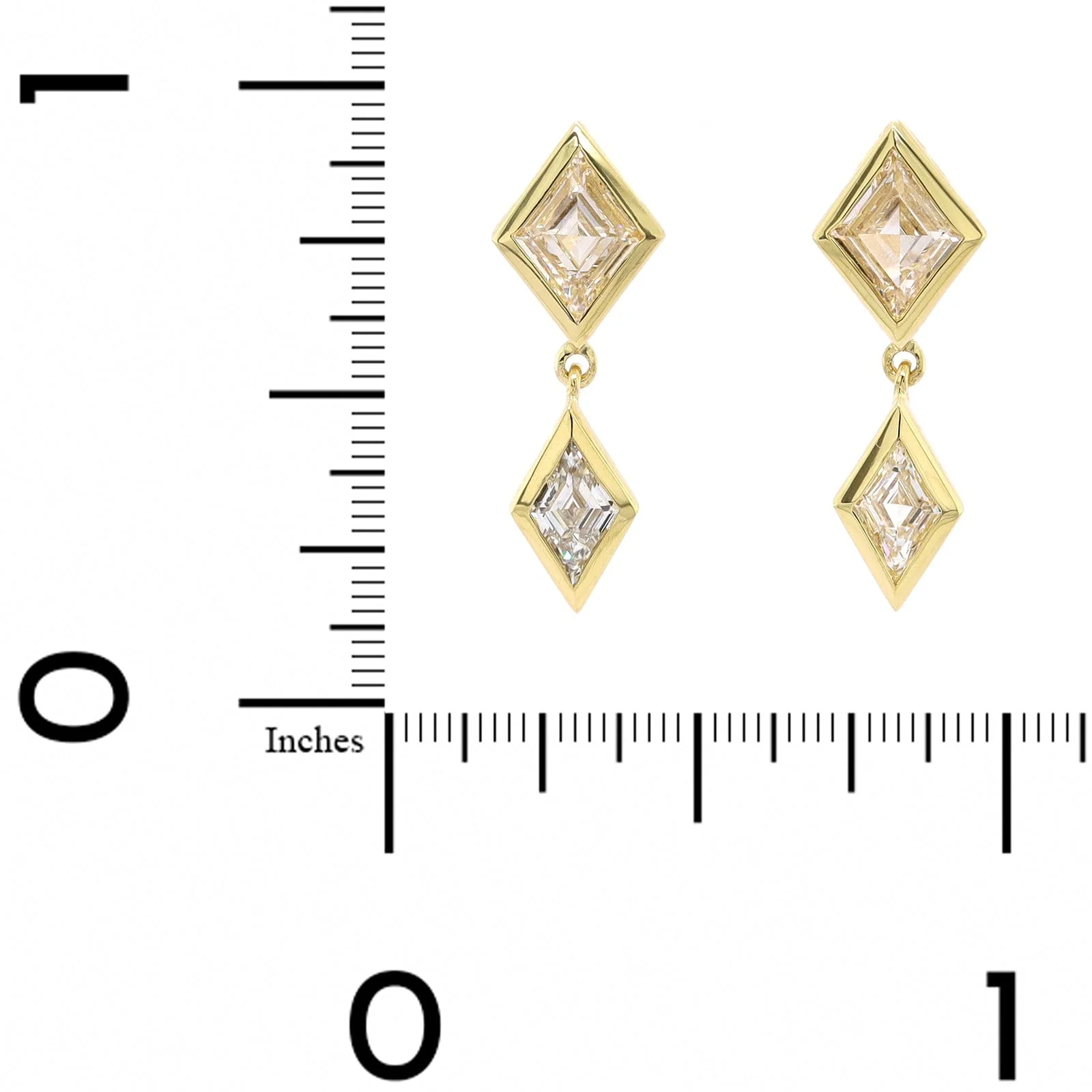 18K Yellow Gold 2 Stone Bezel Set Kite Diamond Drop Earrings - Image 2