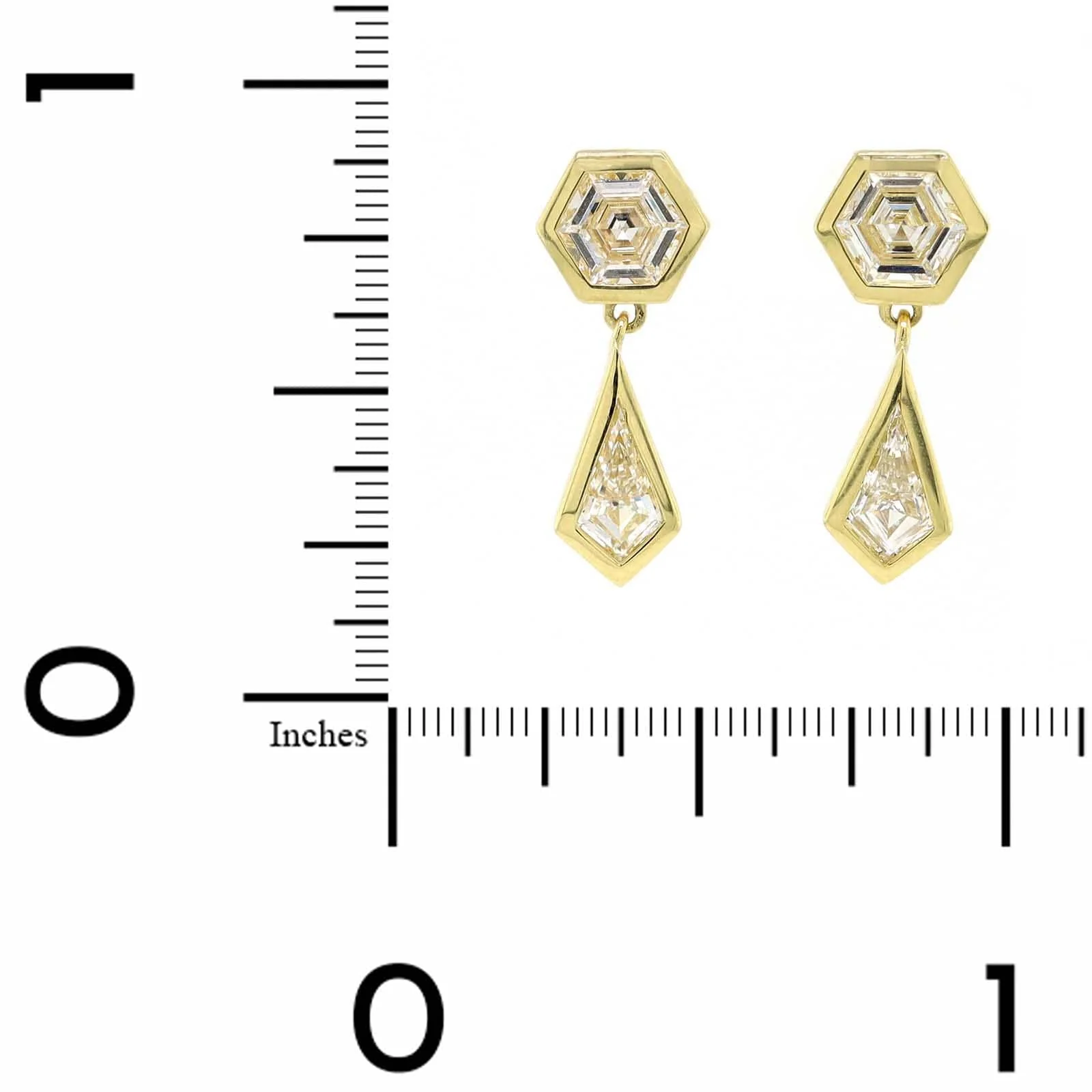 18K Yellow Gold 2 Stone Kite and Hexagon Diamond Drop Earrings - Image 2