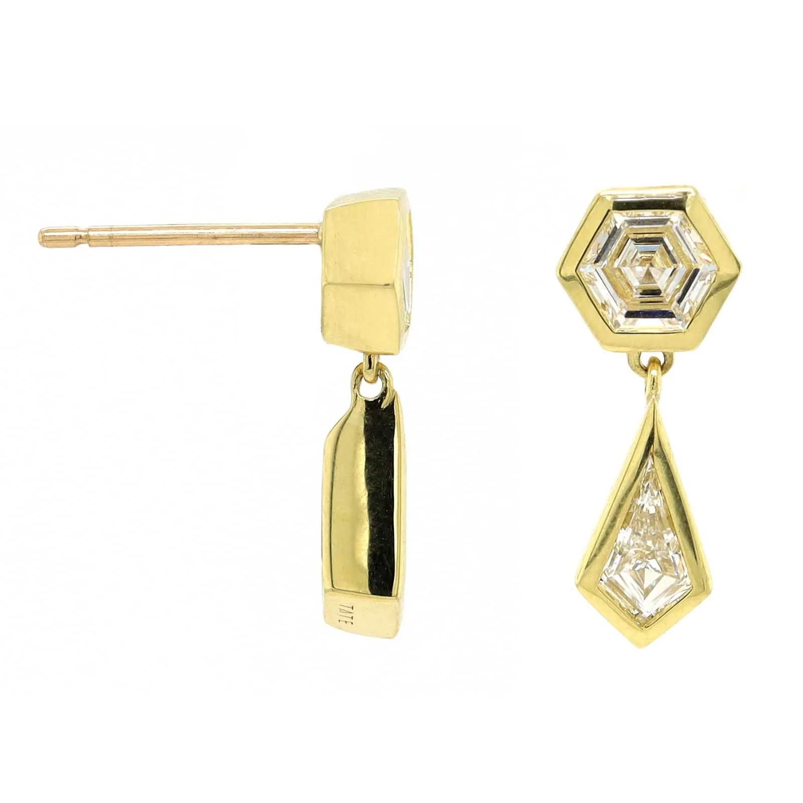 18K Yellow Gold 2 Stone Kite and Hexagon Diamond Drop Earrings - Image 3