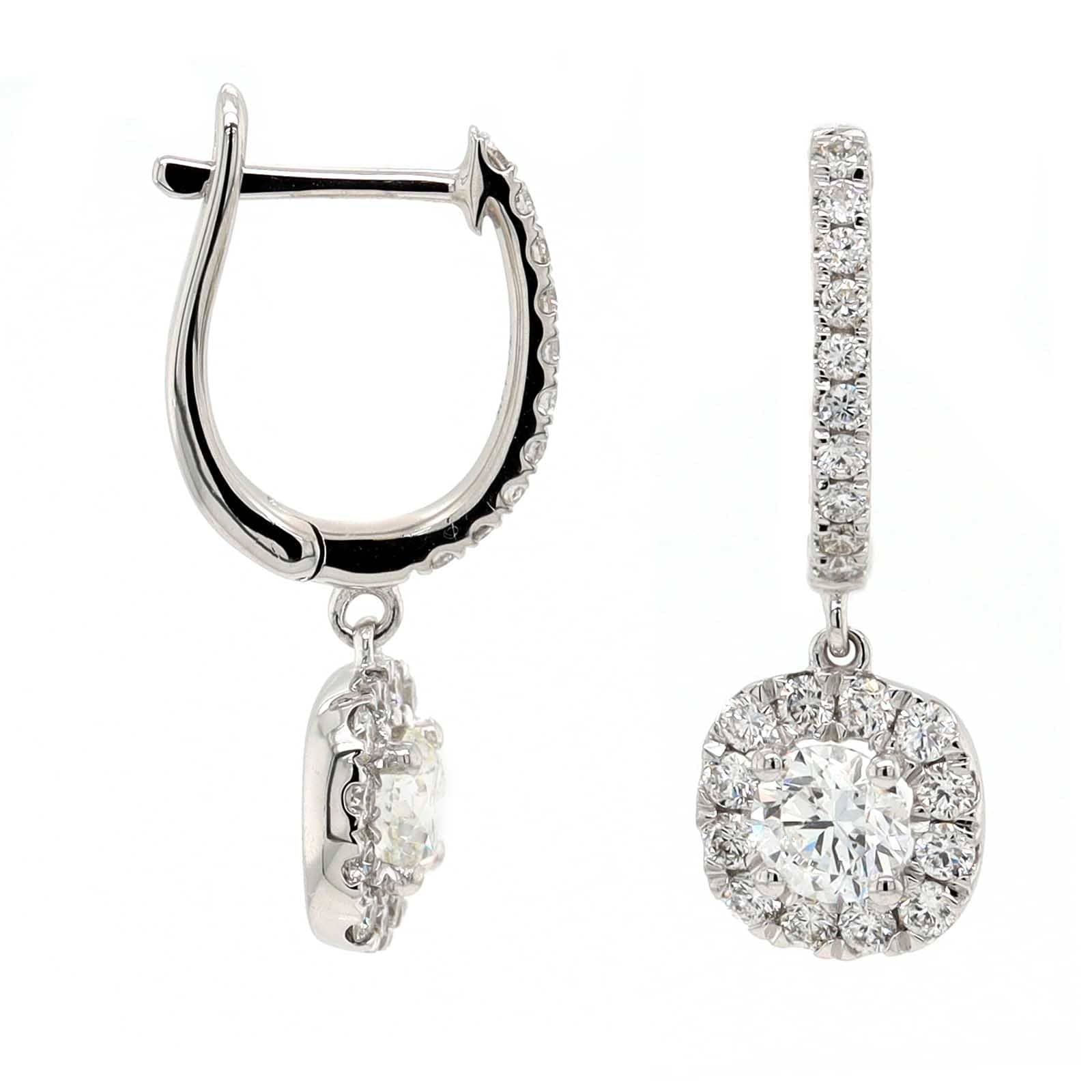 14K White Gold Cluster Diamond Huggie Drop Earrings