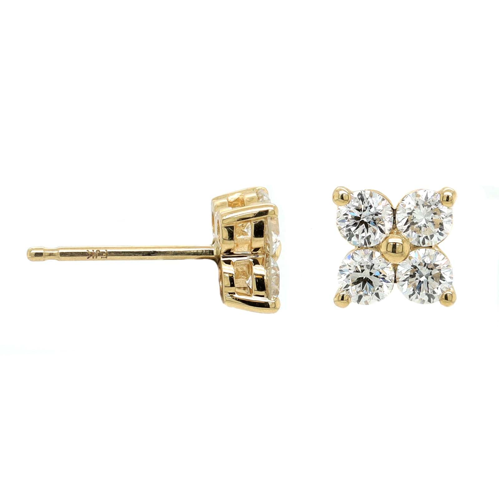 14K Yellow Gold 4 Stone Diamond Cluster Stud Earrings