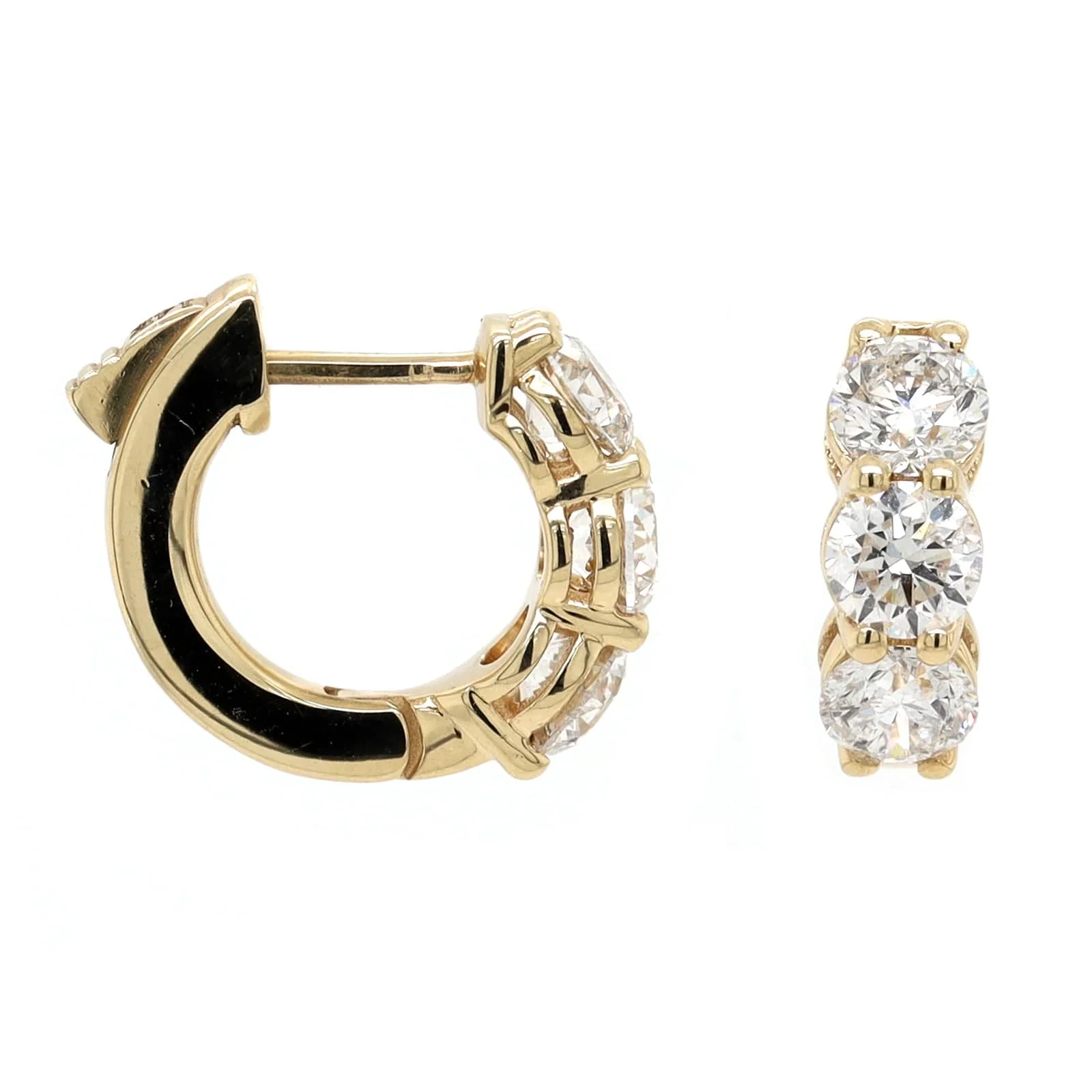 14K Yellow Gold 3 Stone Diamond Huggie Earrings