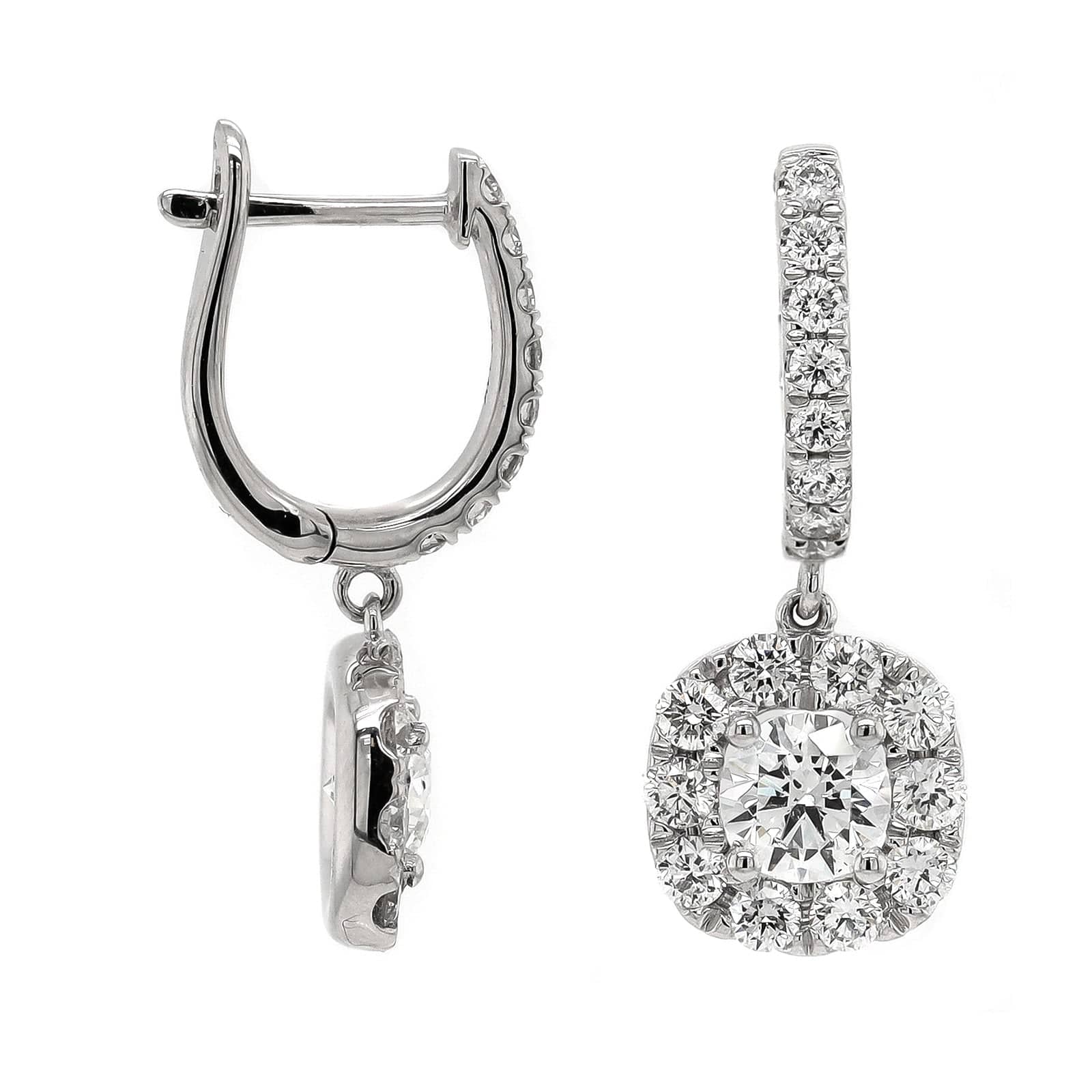 14K White Gold 1CTW Cluster Diamond Huggie Drop Earrings
