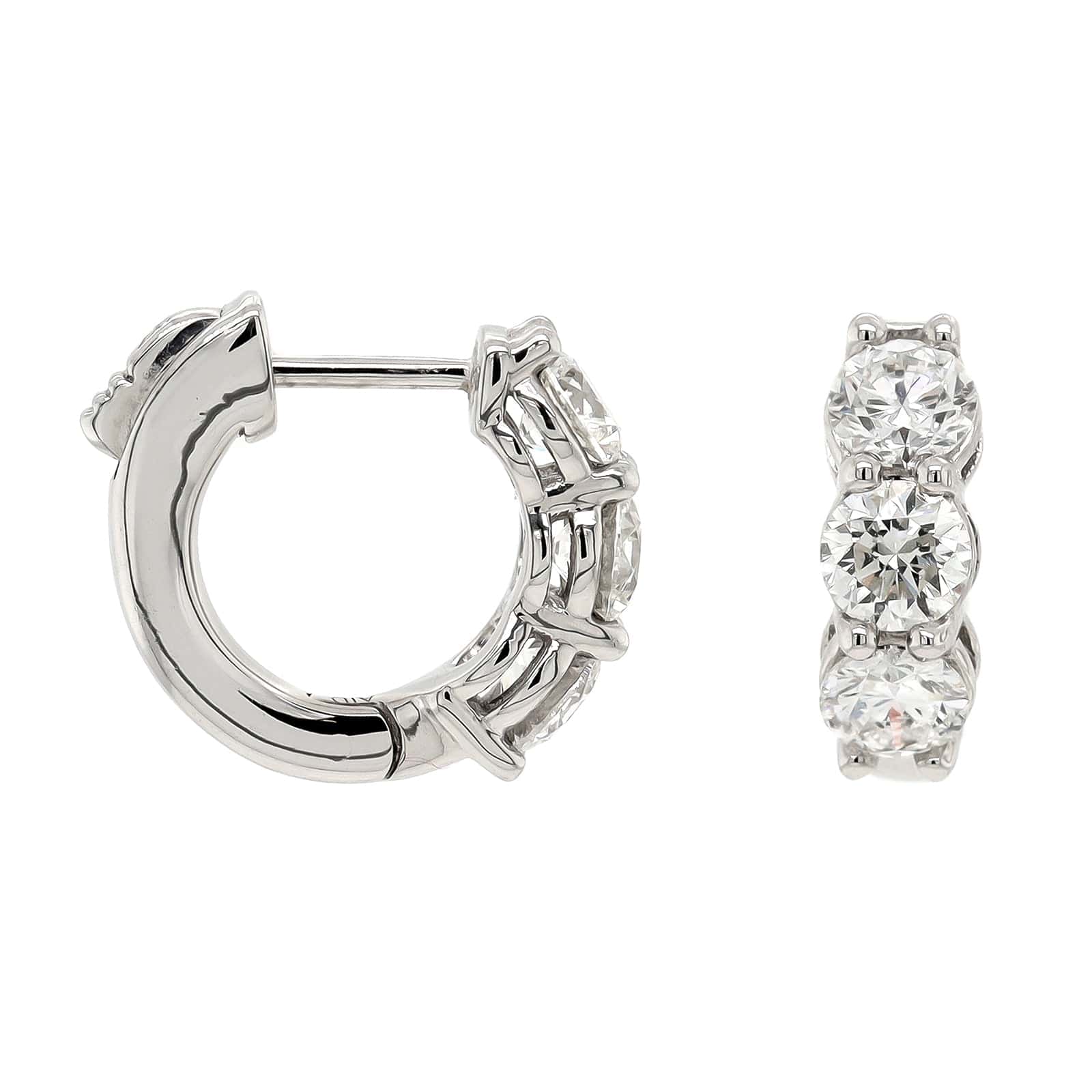 18K White Gold 3 Stone 1.50CTW Diamond Huggie Earrings