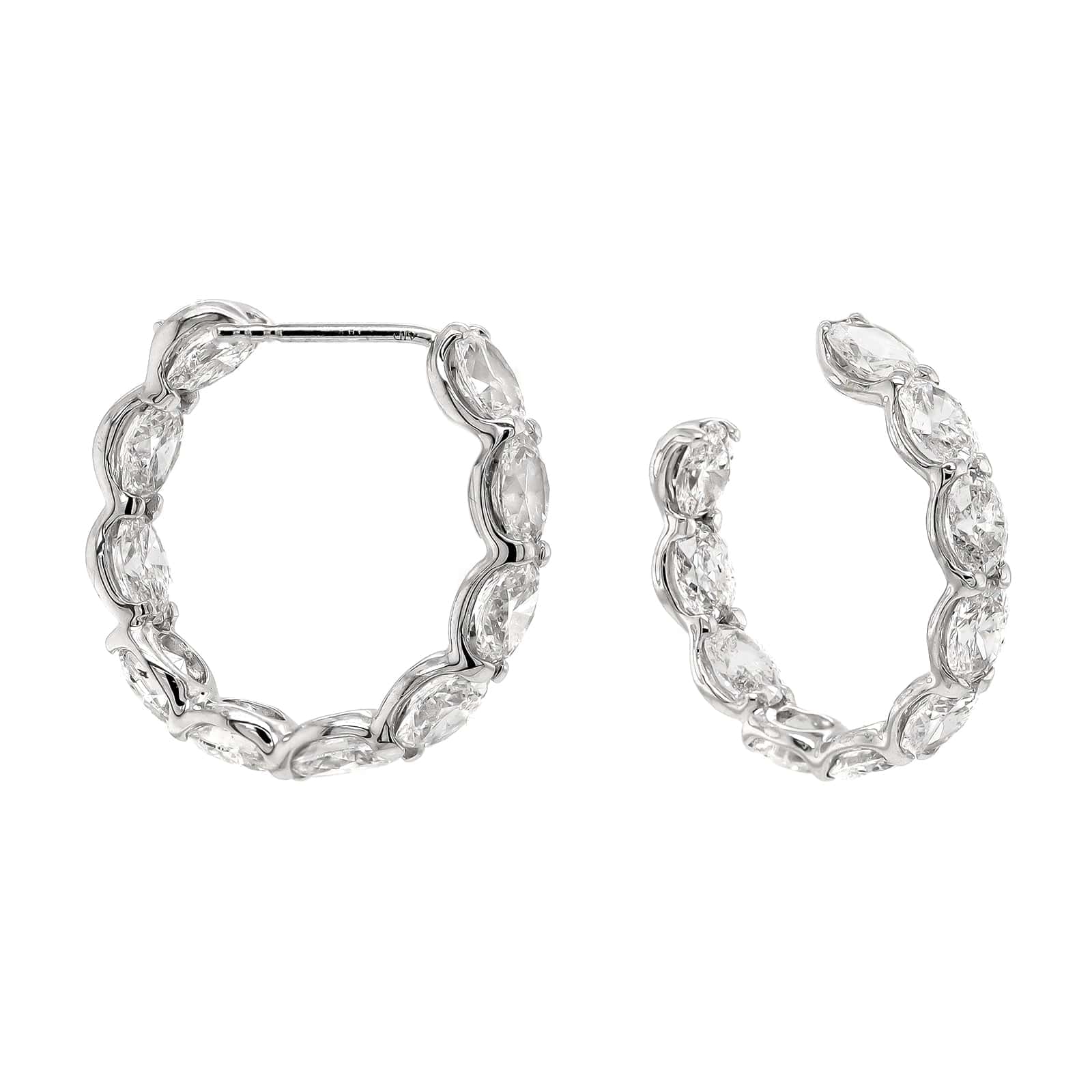 18K White Gold Oval Shaped Diamond Hoop Earrings