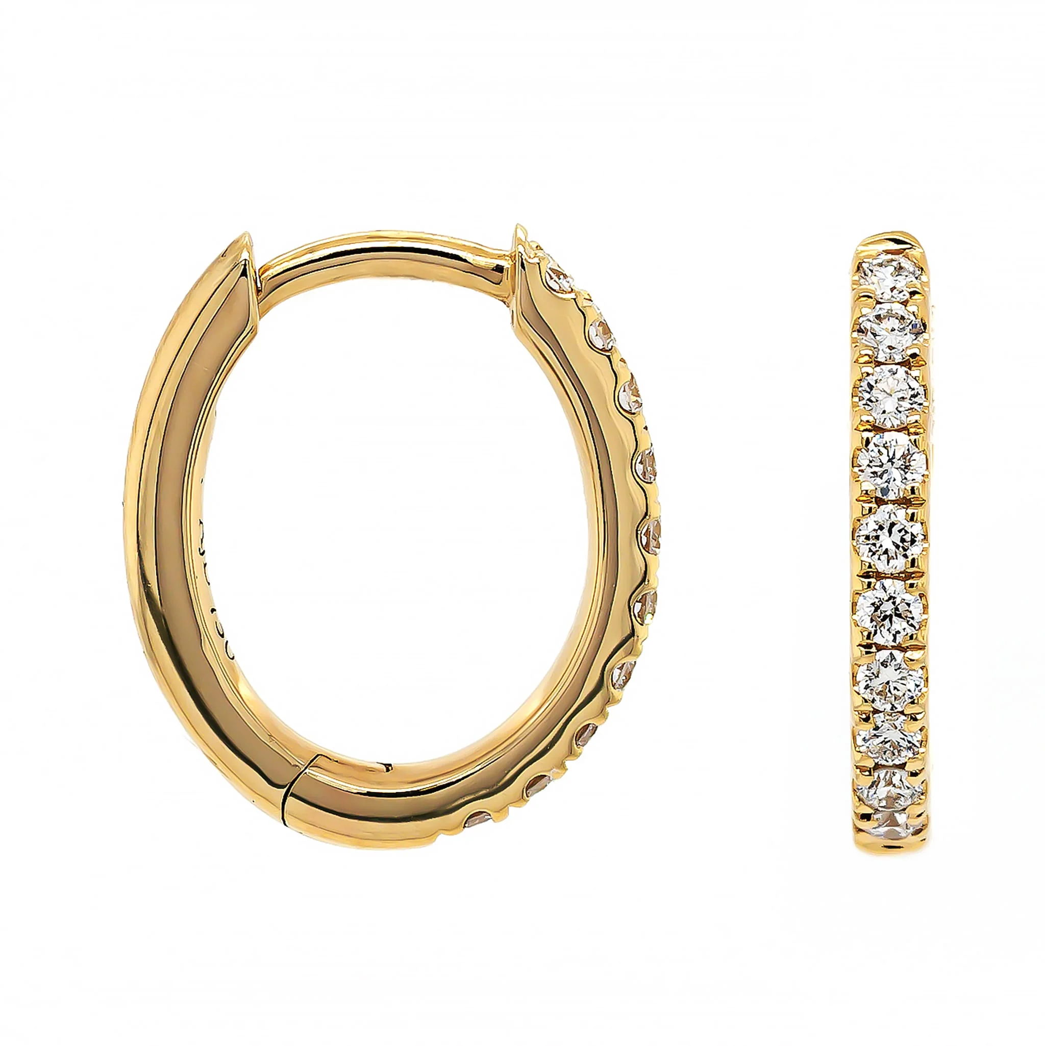 18K Yellow Gold Inside Out .20CTW Diamond Oval Shaped Hoop Earrings - Image 3