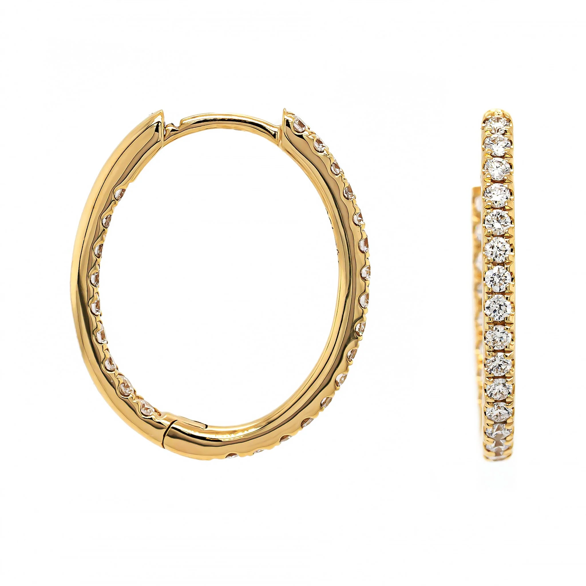 18K Yellow Gold Inside Out .75" Diamond Oval Shaped Hoop Earrings - Image 3