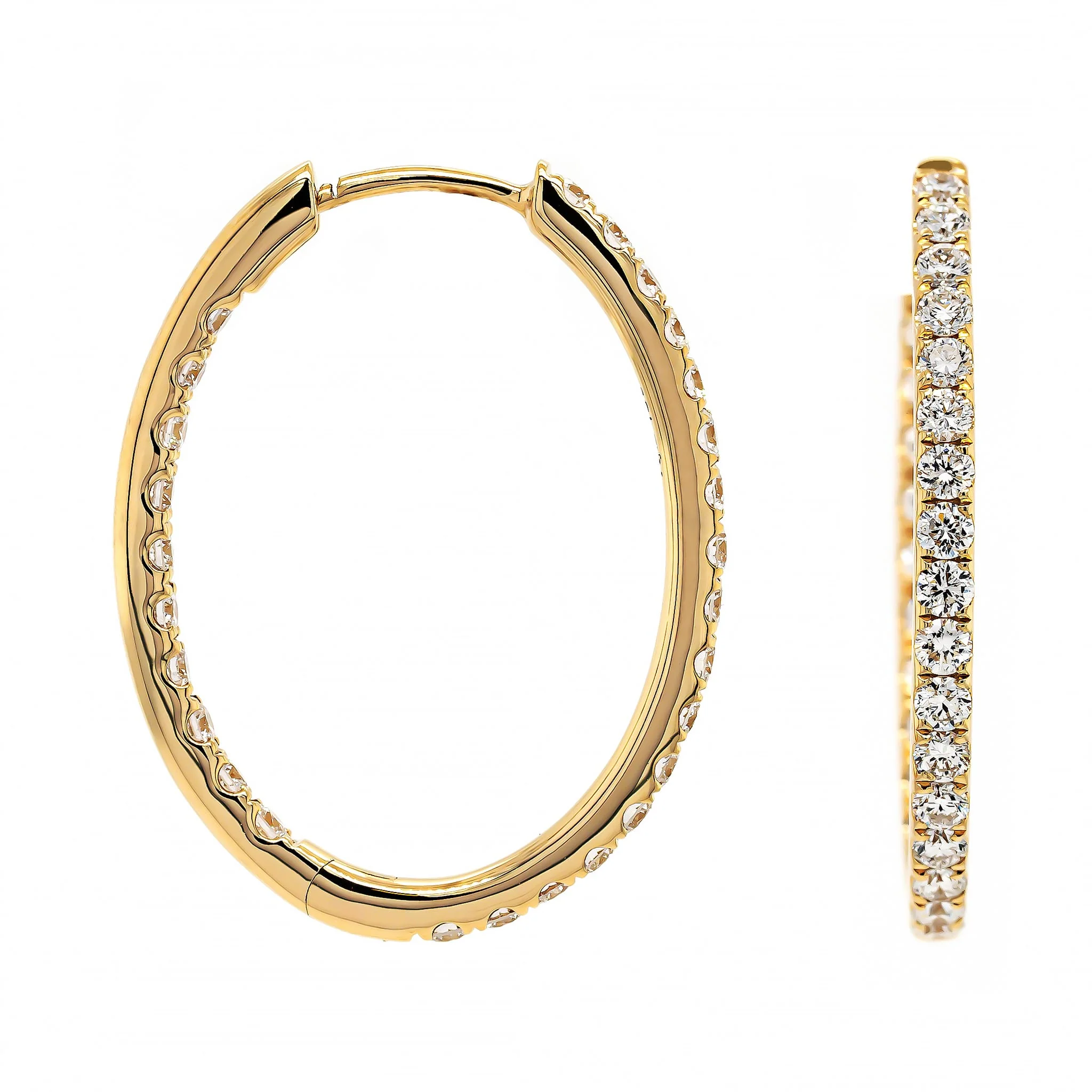18K Yellow Gold Inside Out 1" Diamond Oval Shaped Hoop Earrings - Image 3