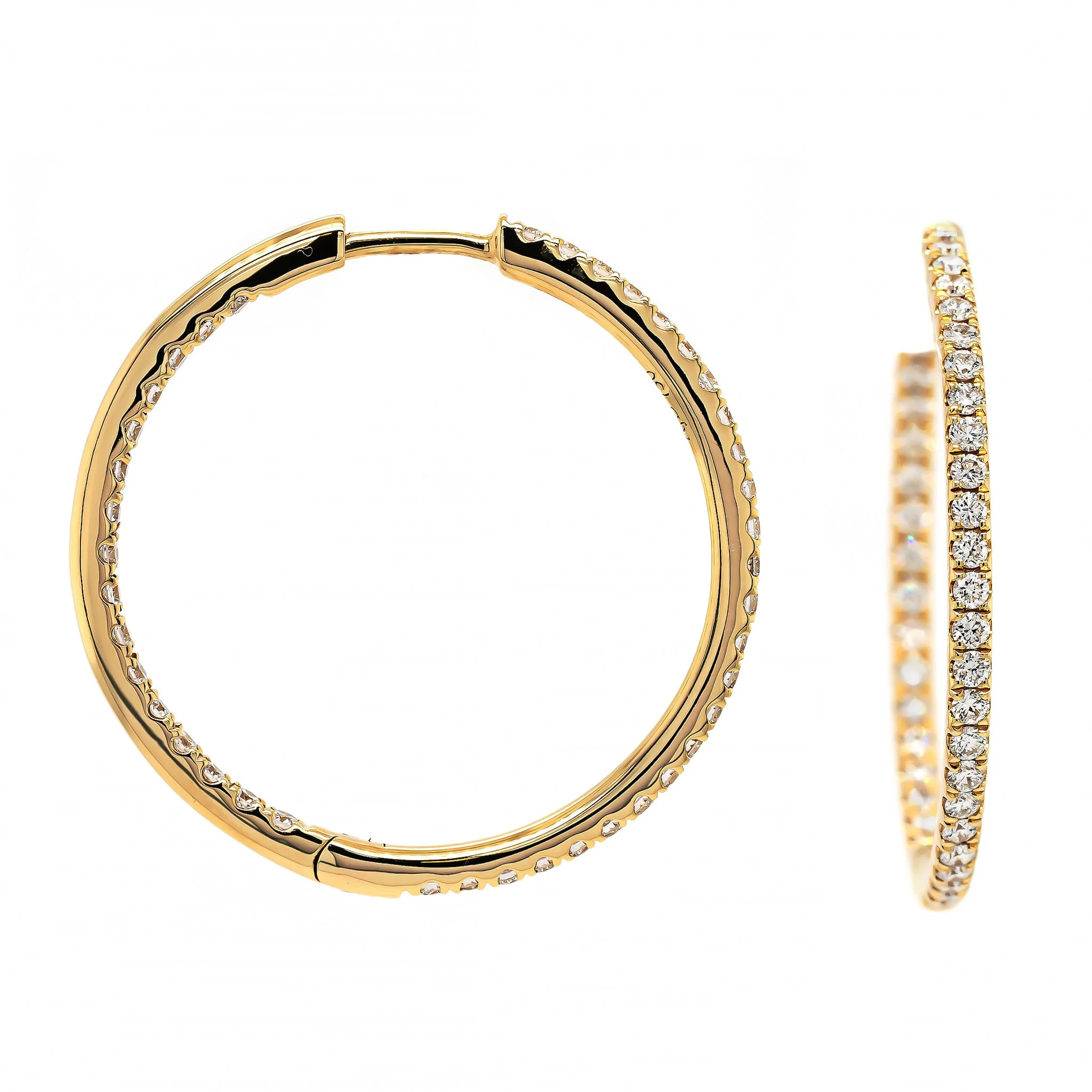 18K Yellow Gold Inside Out 1" Diamond Round Shaped Hoop Earrings - Image 3