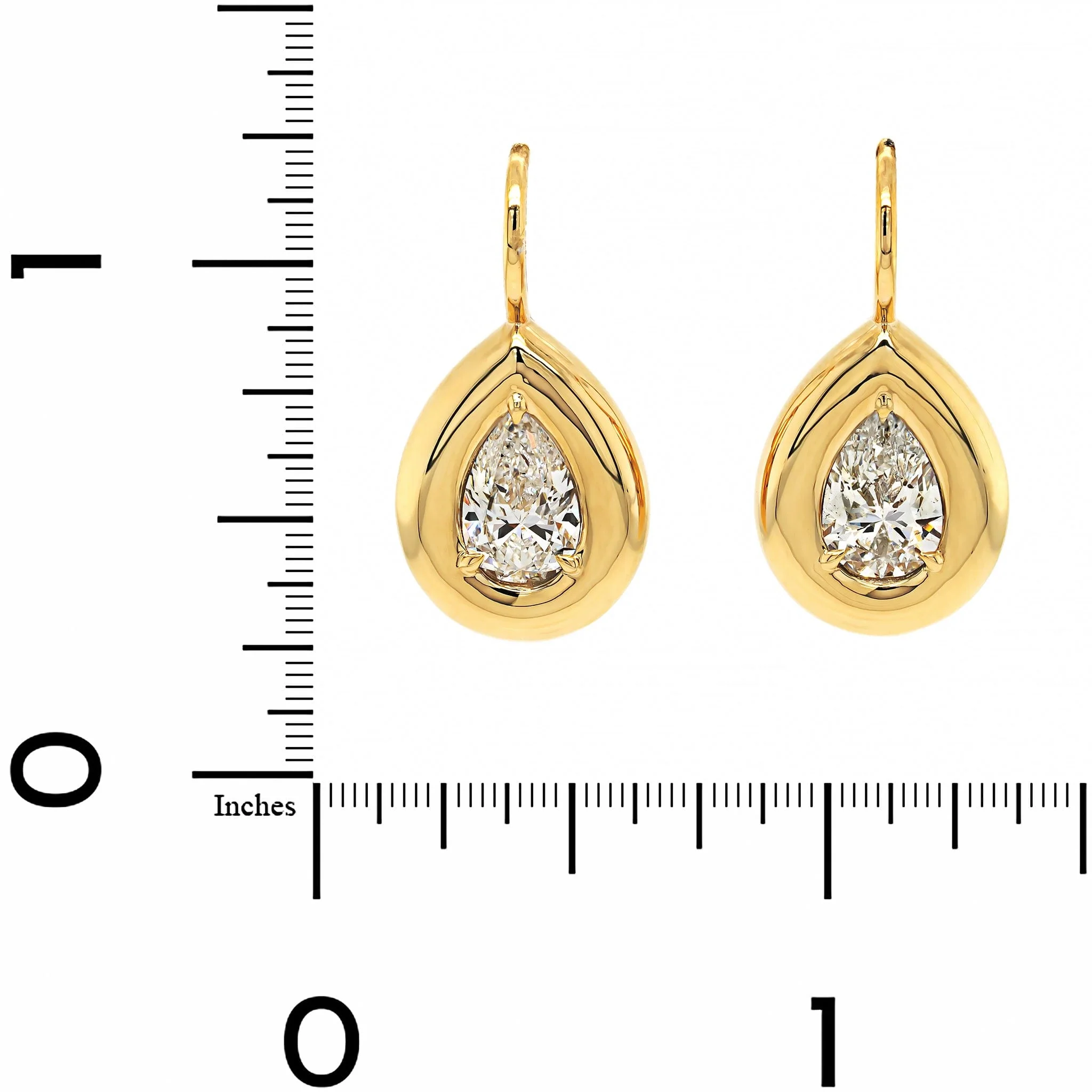 18K Yellow Gold Bezel Set Pear Shaped Diamond Dangle Earrings - Image 2