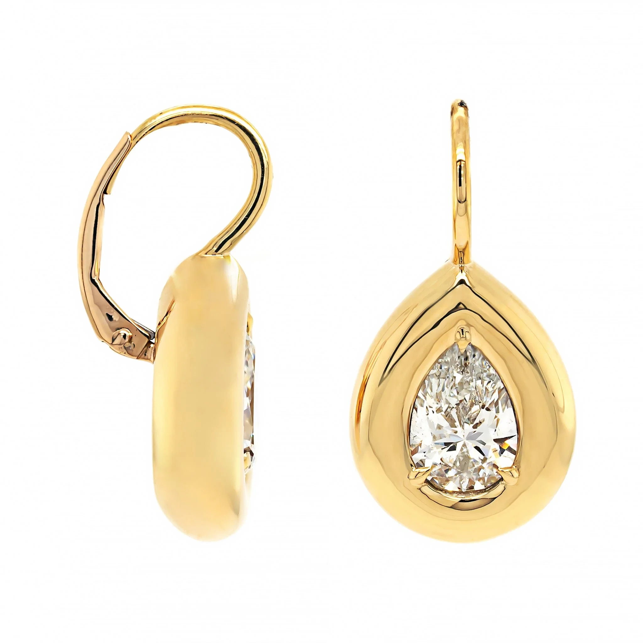 18K Yellow Gold Bezel Set Pear Shaped Diamond Dangle Earrings - Image 3