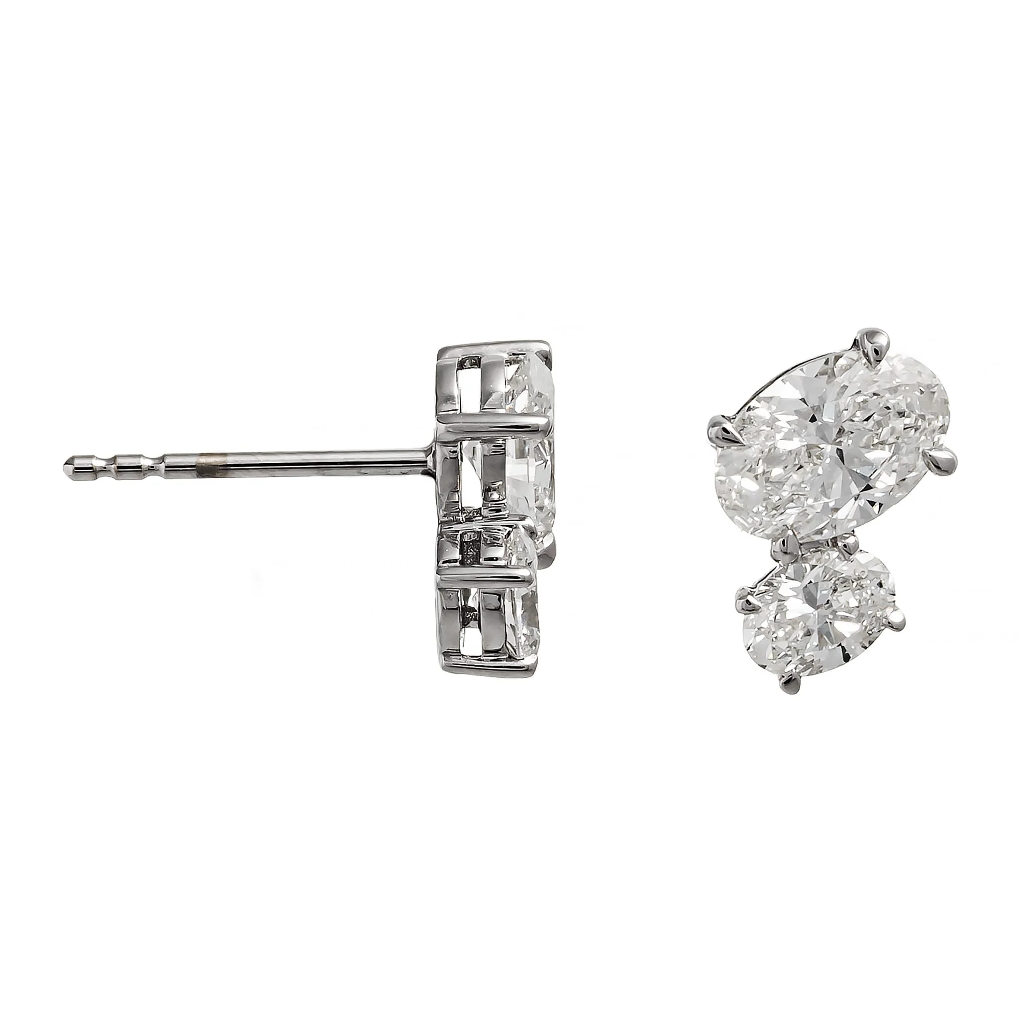 18K White Gold 2 Stone Oval Diamond Stud Earrings - Image 3