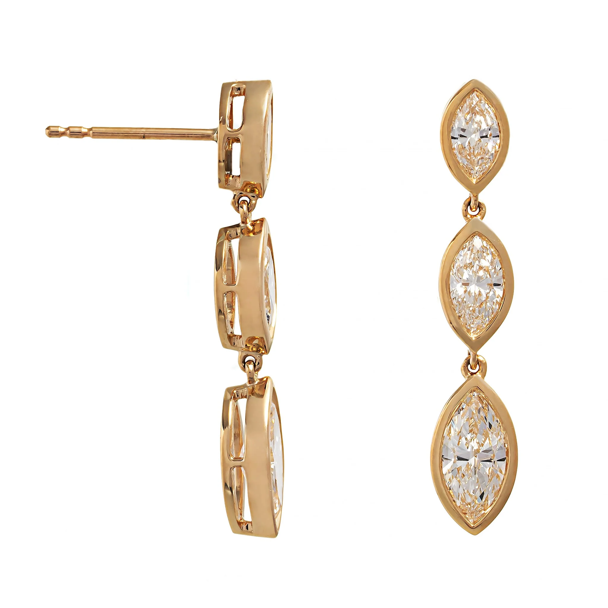 18K Yellow Gold 3 Stone Marquise Shaped Diamond Drop Earrings - Image 3