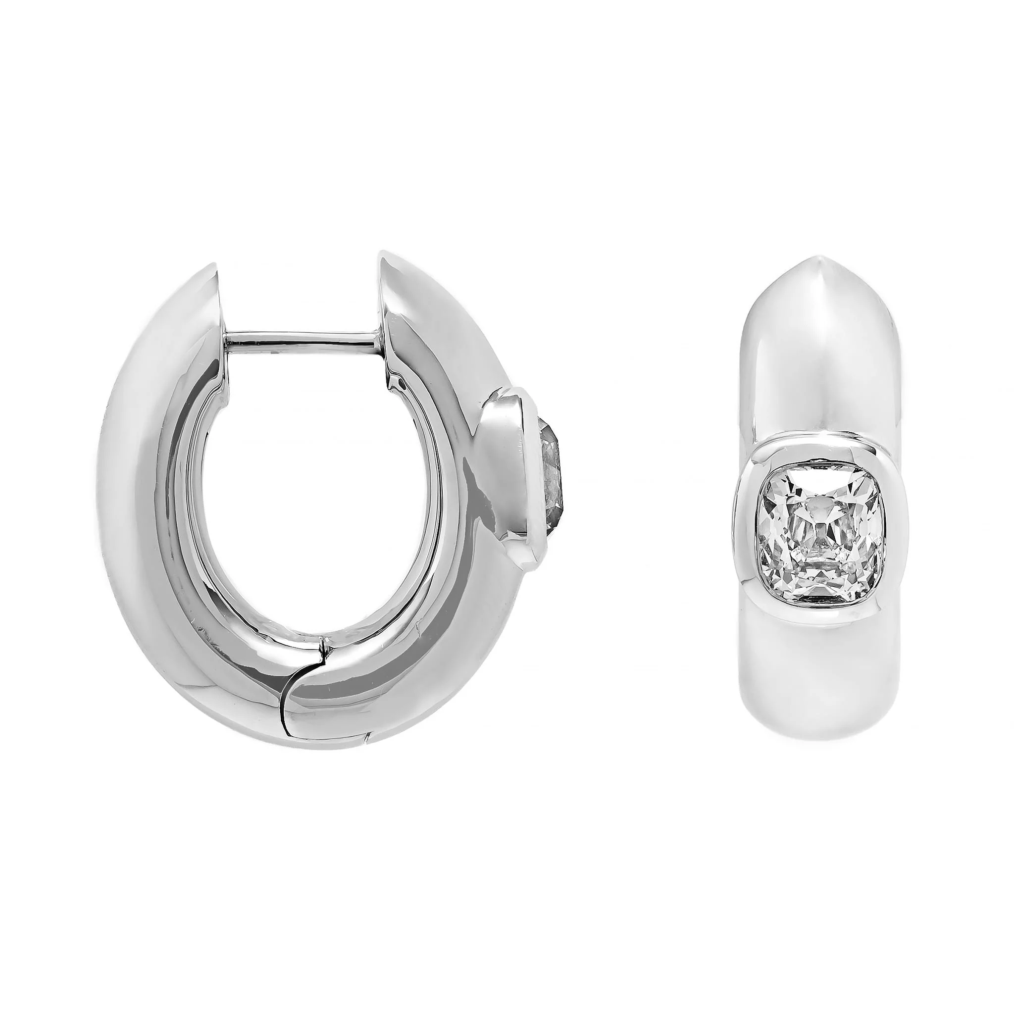 18K White Gold Bezel Set Cushion Diamond Huggie Earrings