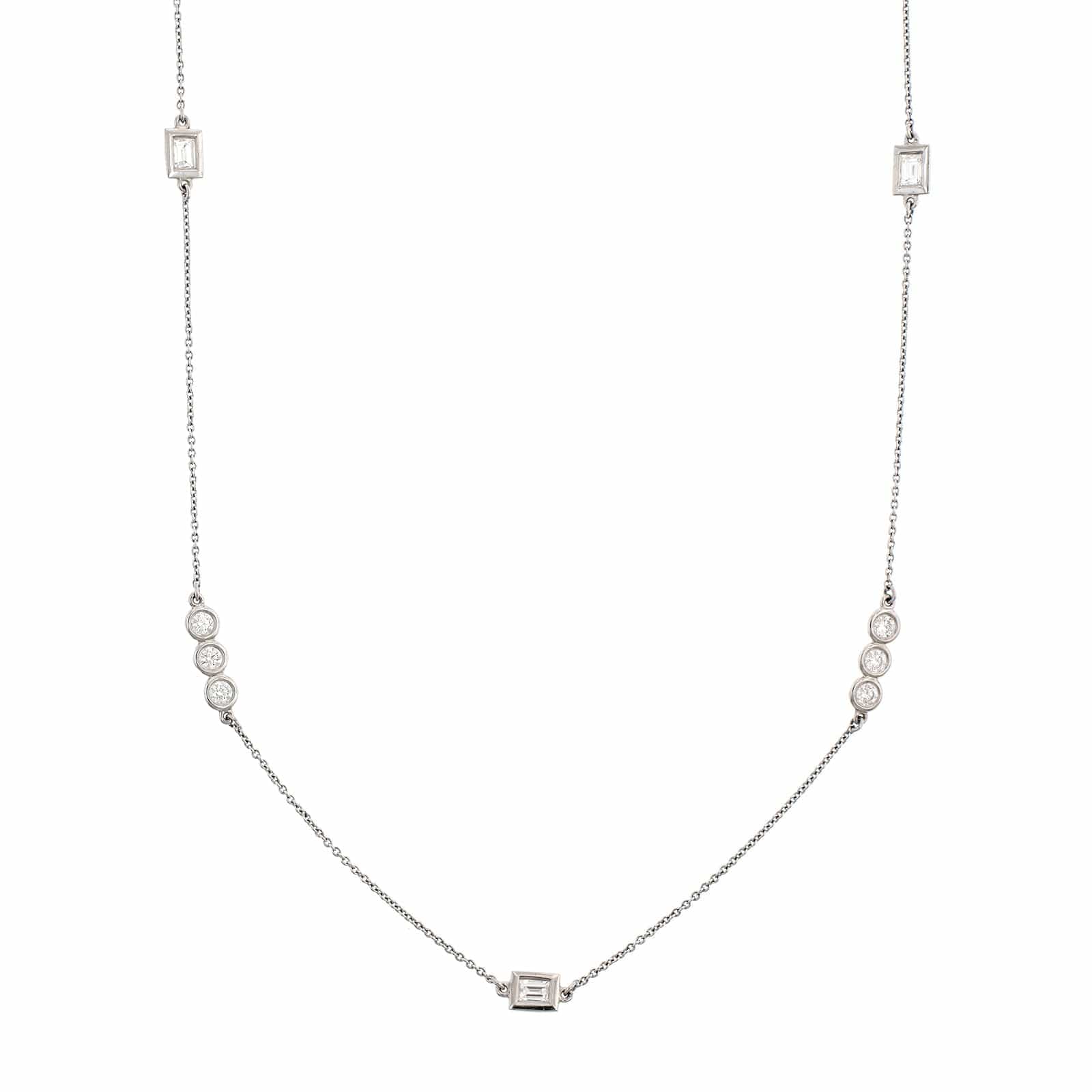 14K White Gold Baguette & Round Diamond By The Yard Necklace - Image 2