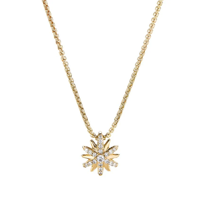 Petite Starburst Station Necklace in 18K Yellow Gold with Pavé Diamonds