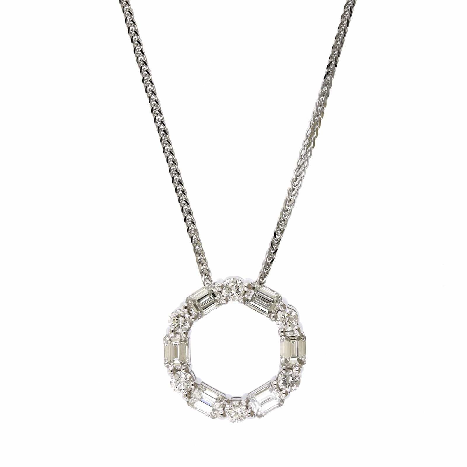 Platinum Emerald and Round Diamond Open Circle Pendant