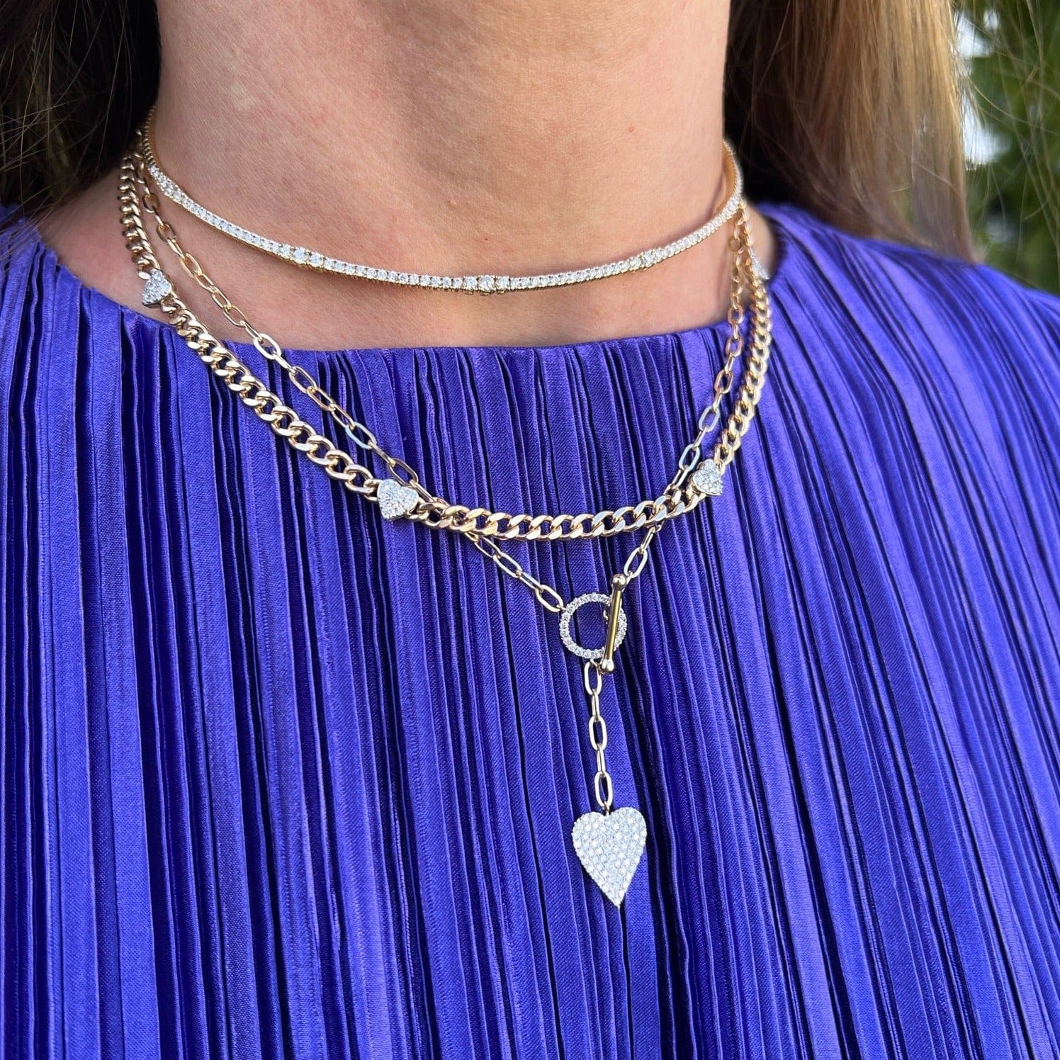 14K Yellow Gold Curb Link Diamond Heart Station Necklace - Image 2