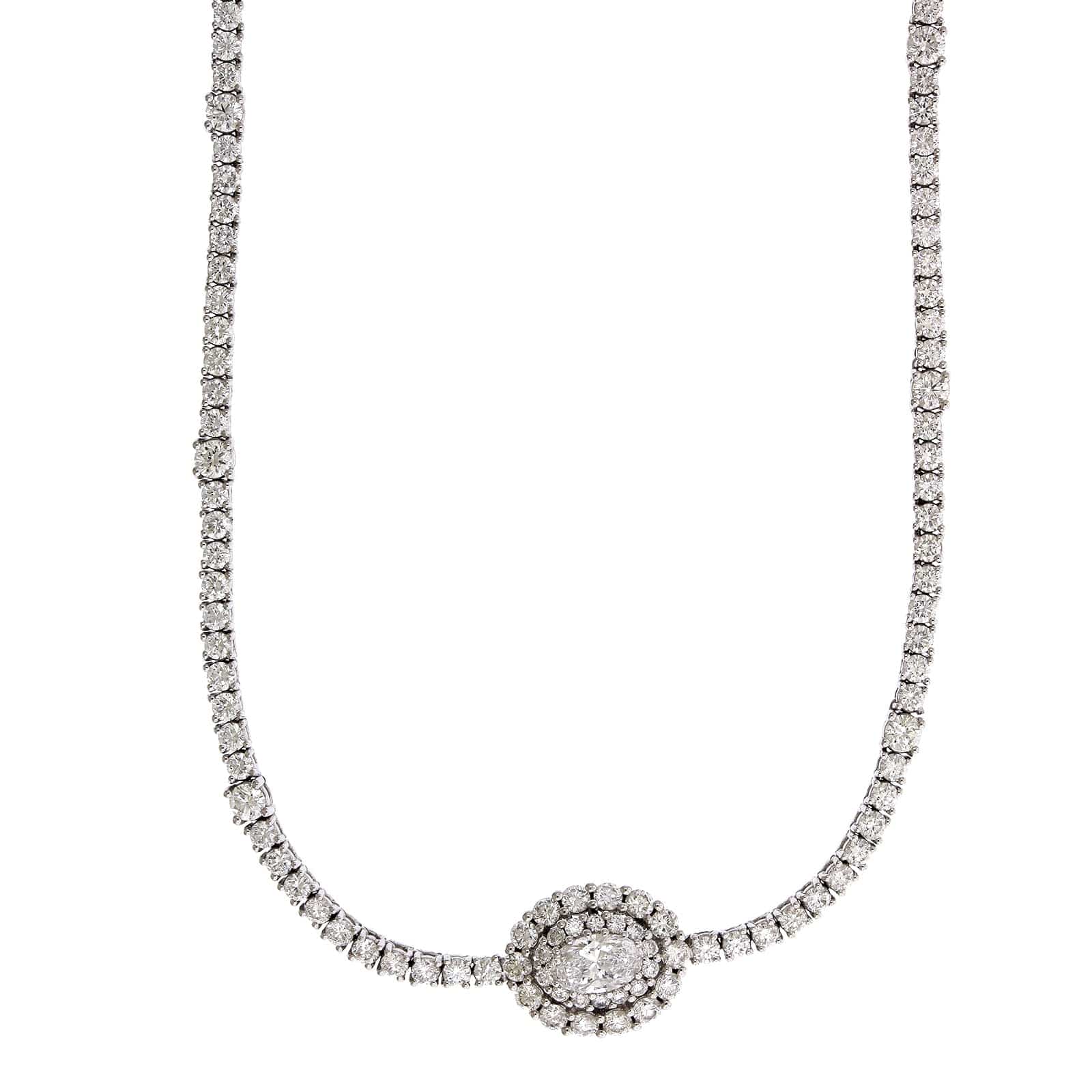 18K White Gold Oval Center Diamond Line Necklace - Image 5