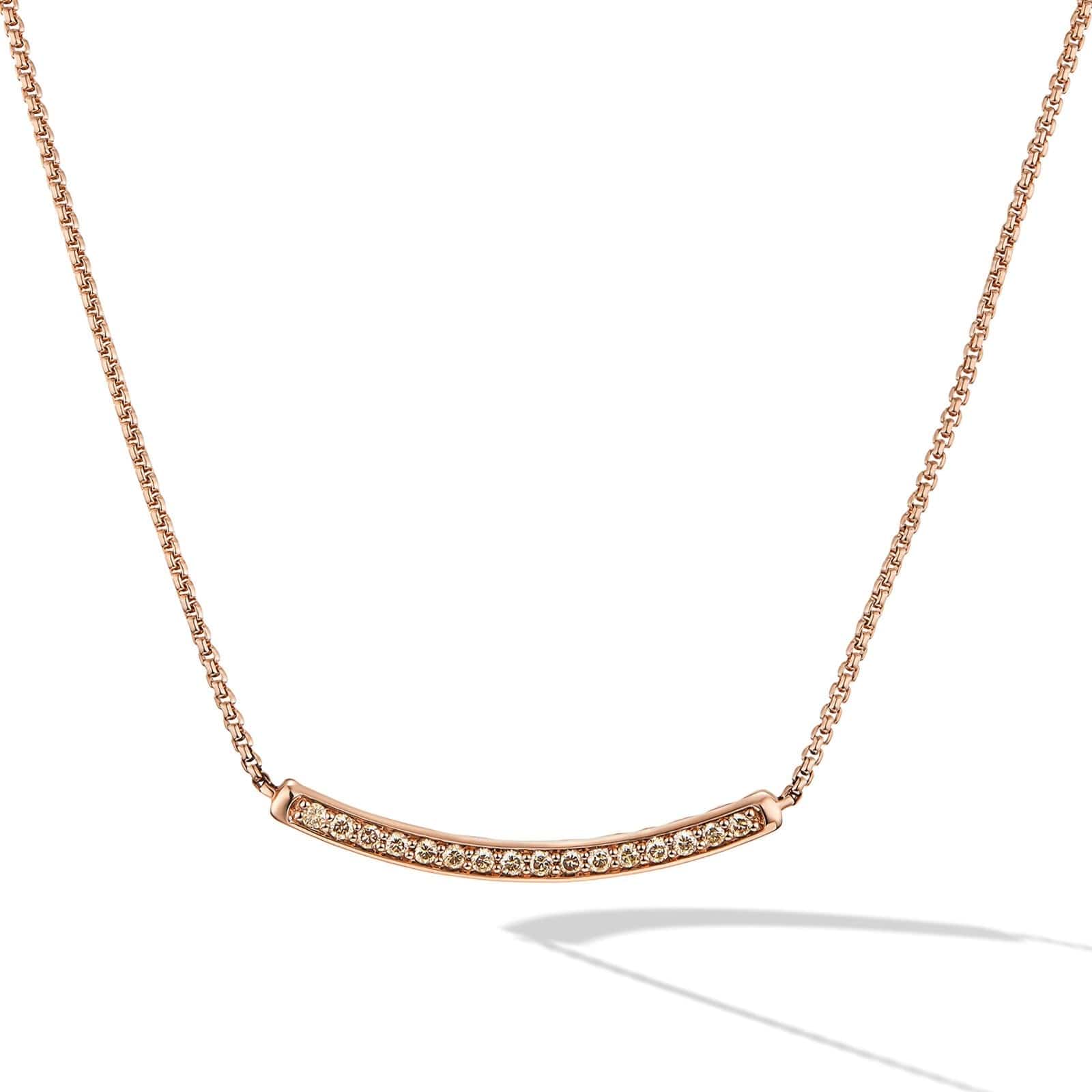 Petite Pavé Bar Necklace in 18K Rose Gold with Cognac Diamonds, 1.25mm