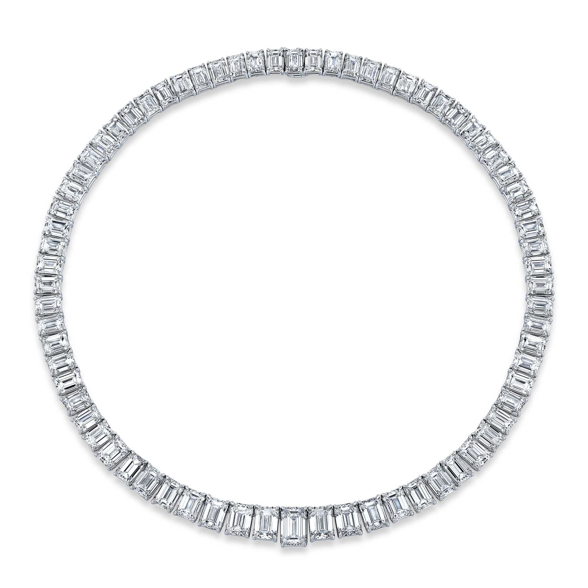 18K White Gold Emerald Cut Diamond Line Necklace