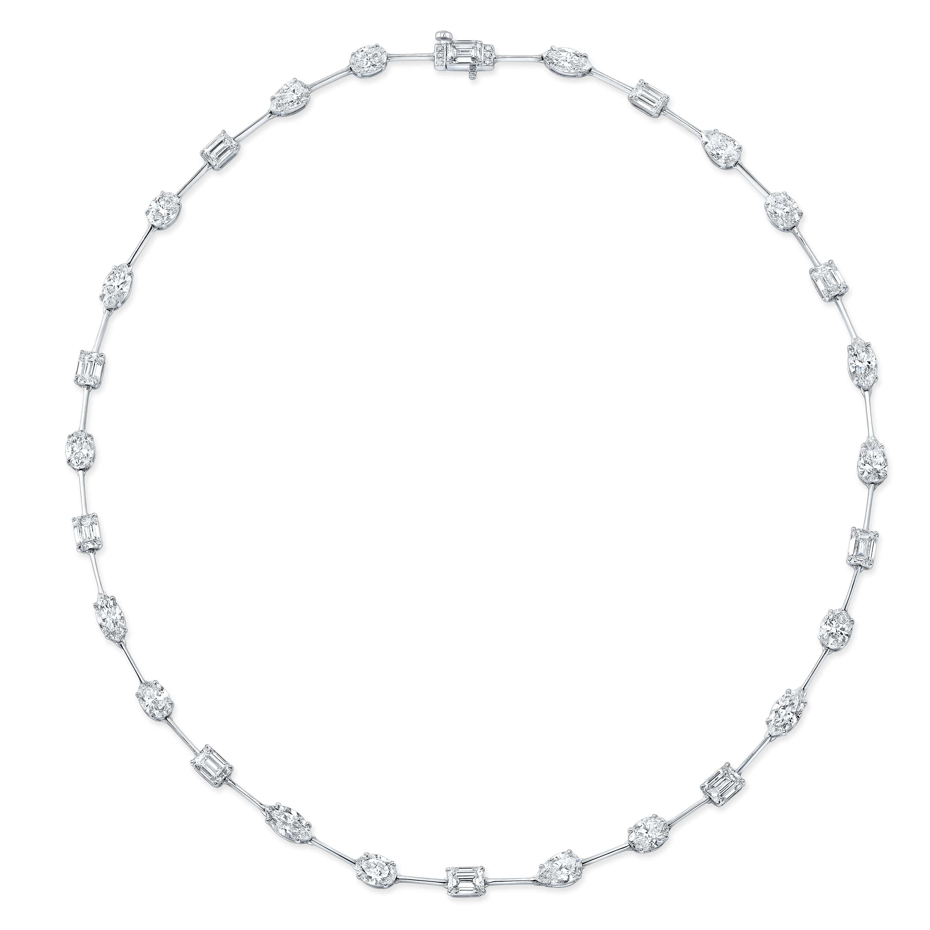 18K White Gold Multi Shape Diamond Bar Necklace