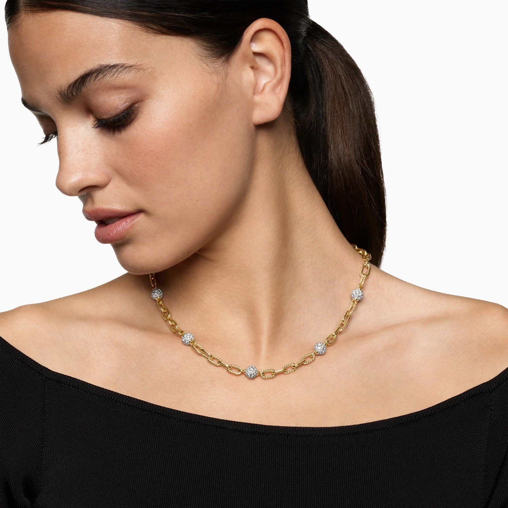 DY Madison® Pavé Bead Chain Necklace 18K Yellow Gold with Diamonds, 6mm - Image 4