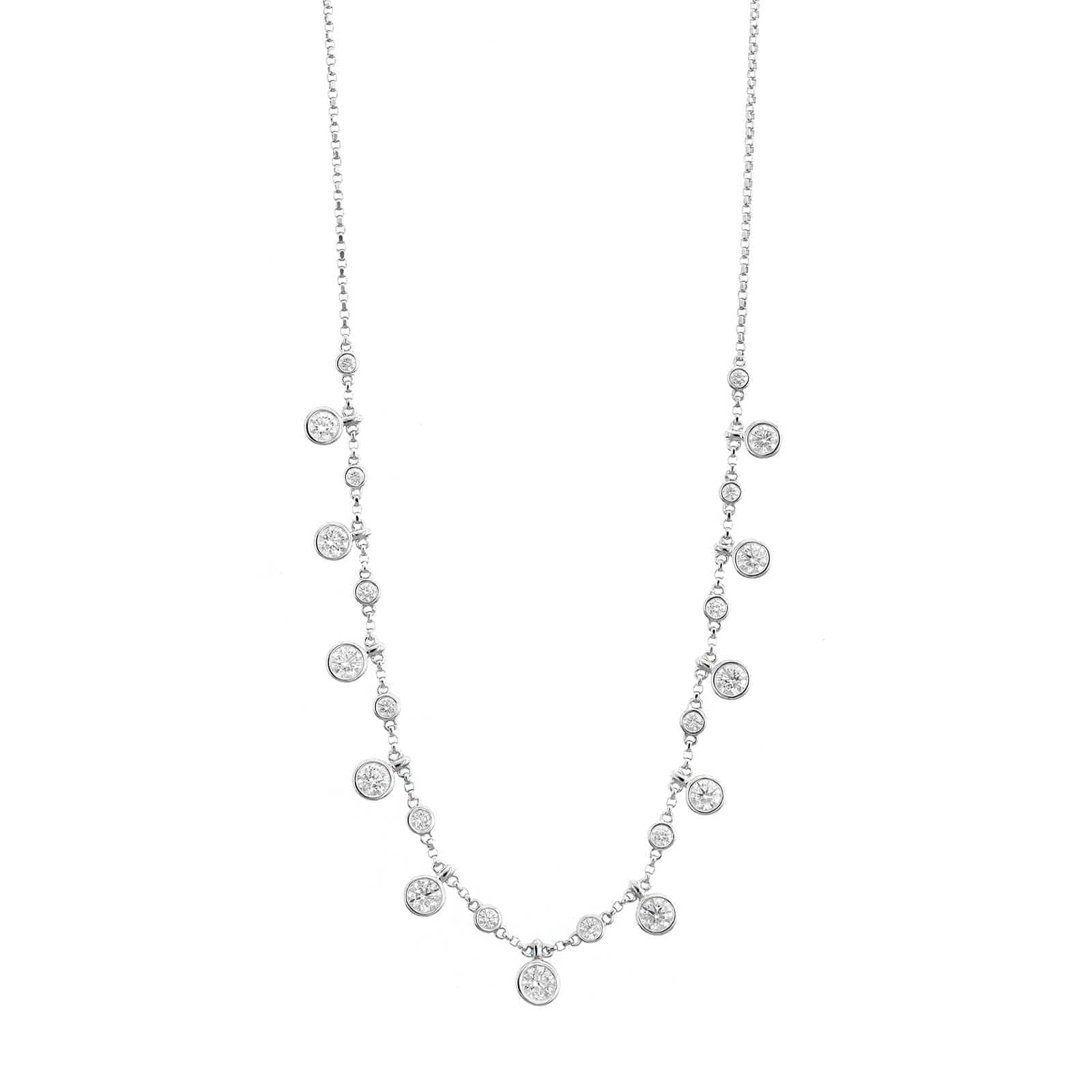 14K White Gold Bezel Set Round Diamond Station Dangle Necklace