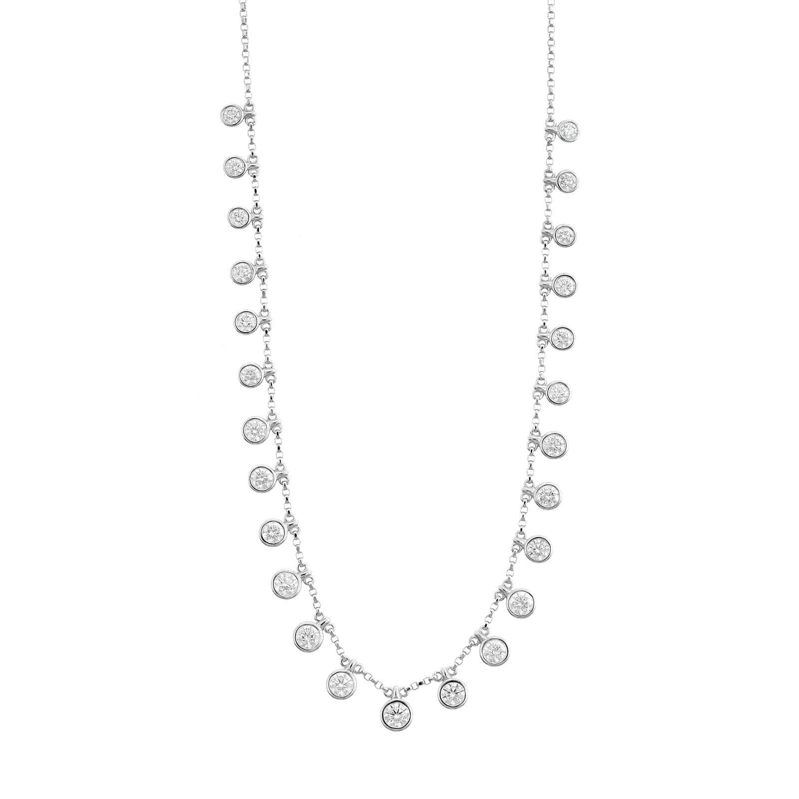 14K White Gold Graduated Bezel Set Round Diamond Station Dangle Necklace