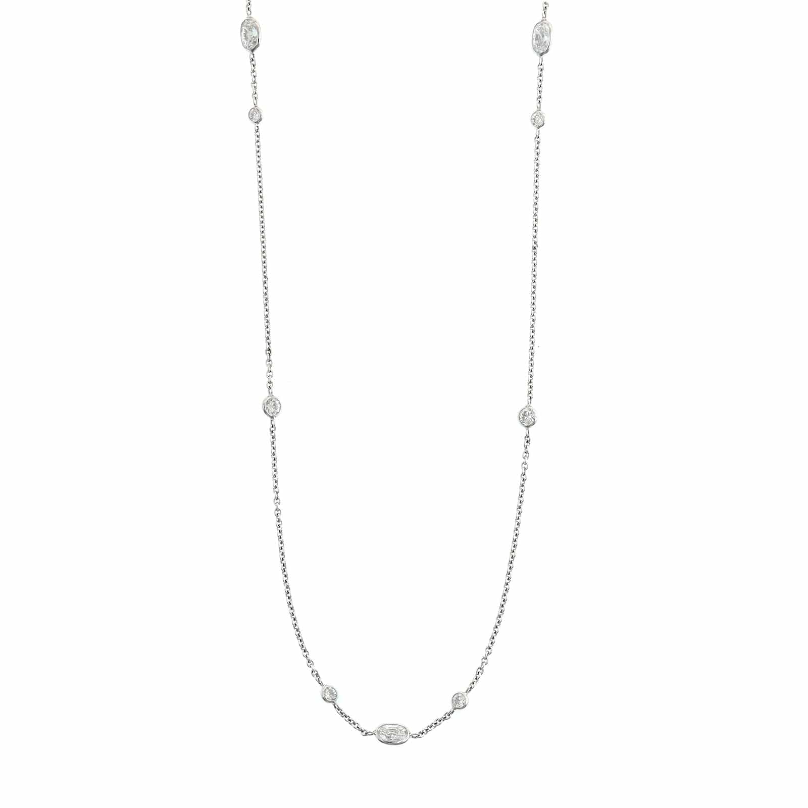 18K White Gold Oval and Round Diamond By The Yard Necklace