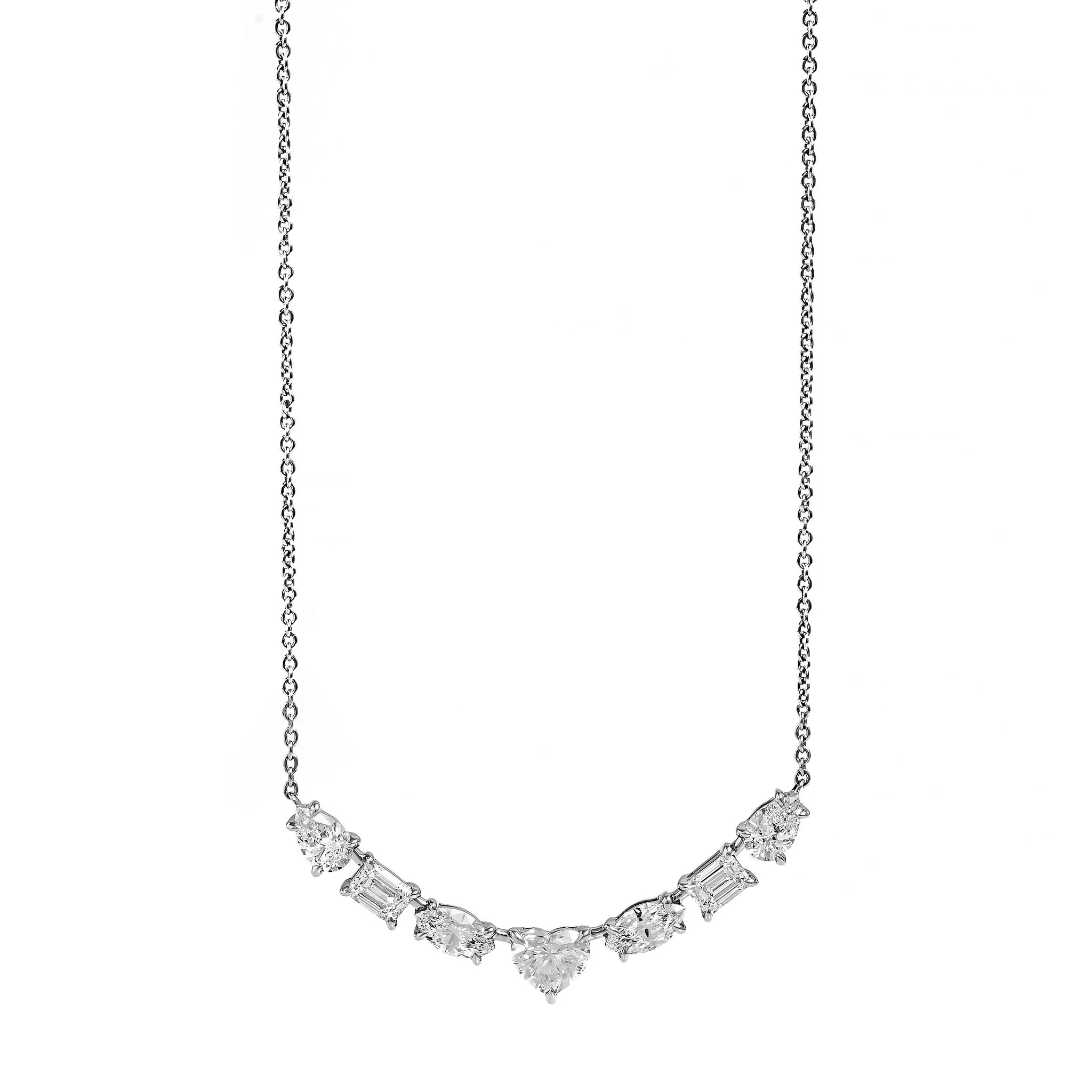 18K White Gold Curve Bar Multi Shaped Diamond Curved Bar Necklace