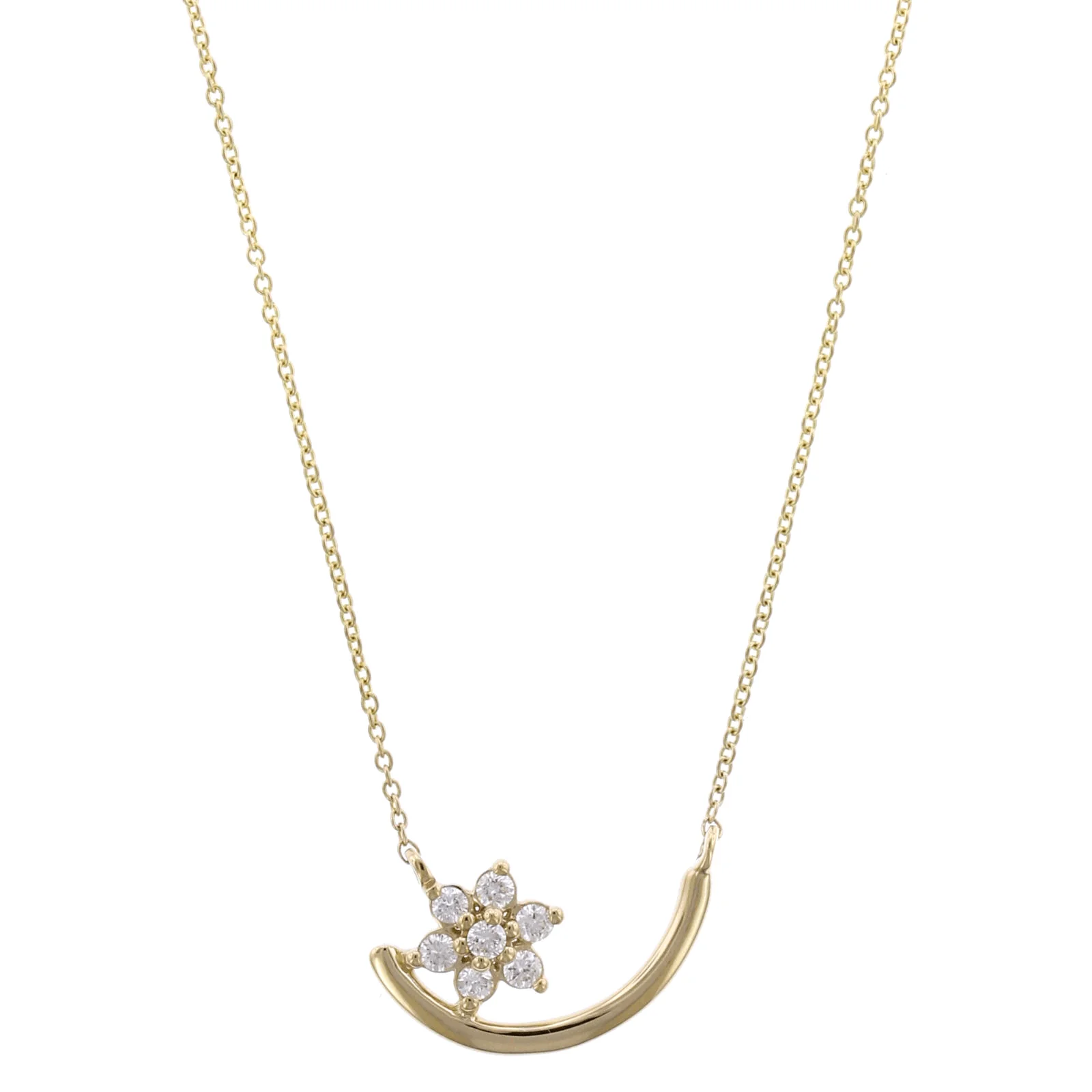 14K Yellow Gold Flower Diamond Curved Bar Necklace