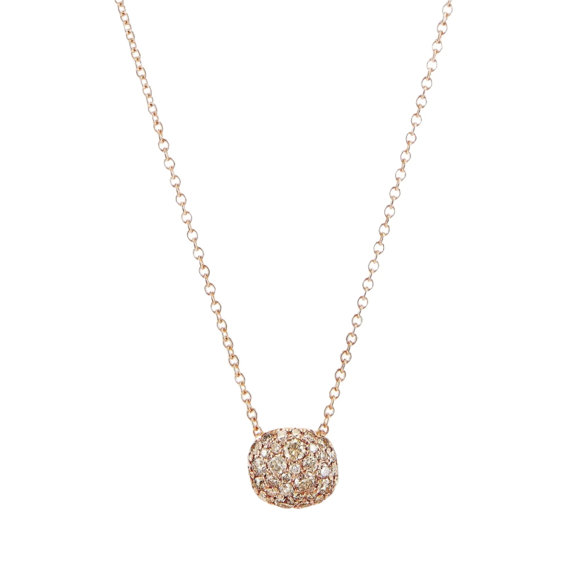 Cushion Stud Pendant Necklace in 18K Rose Gold with Pavé Cognac Diamonds