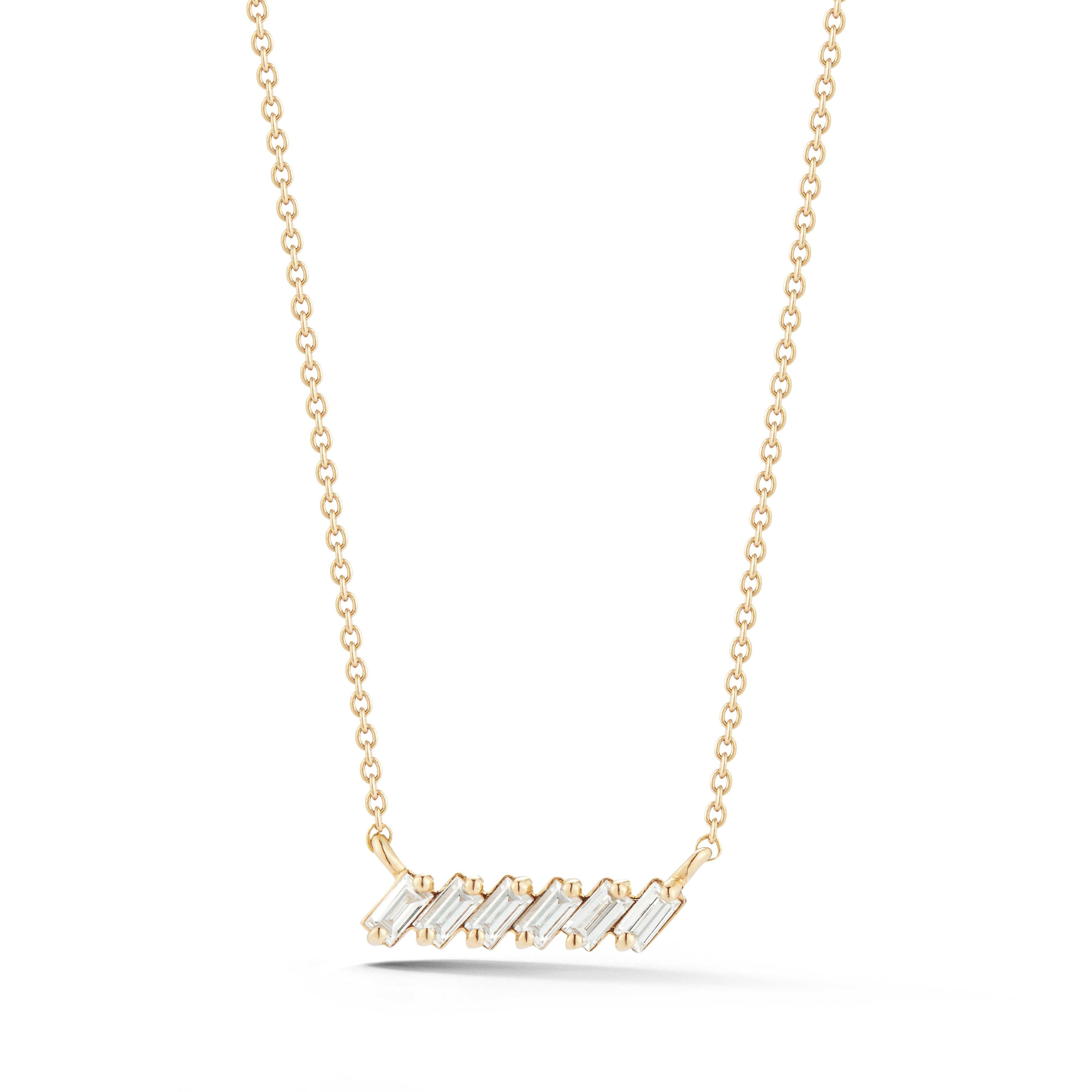 14K Yellow Gold Baguette Diamond  Bar Slope Necklace