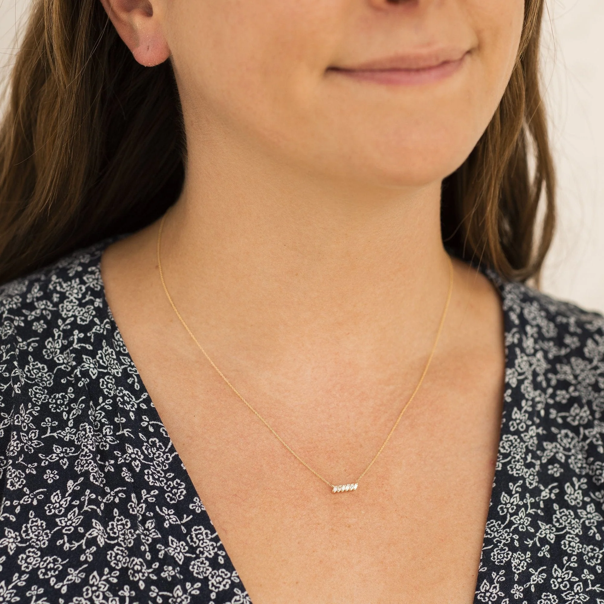 14K Yellow Gold Baguette Diamond  Bar Slope Necklace - Image 2