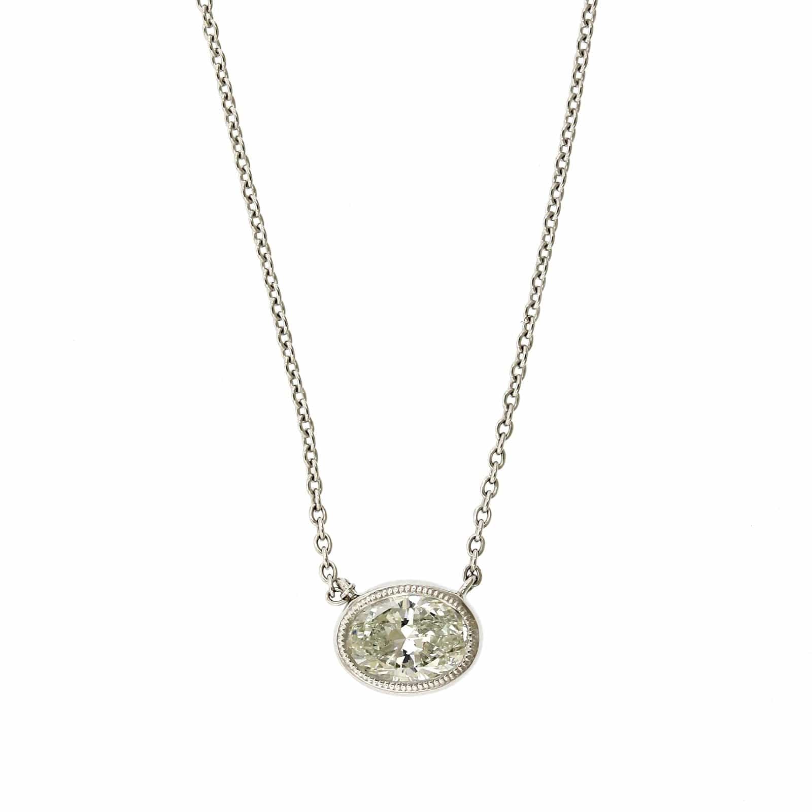 18K White Gold Oval Diamond Bezel Set with Milgrain Pendant - Image 5