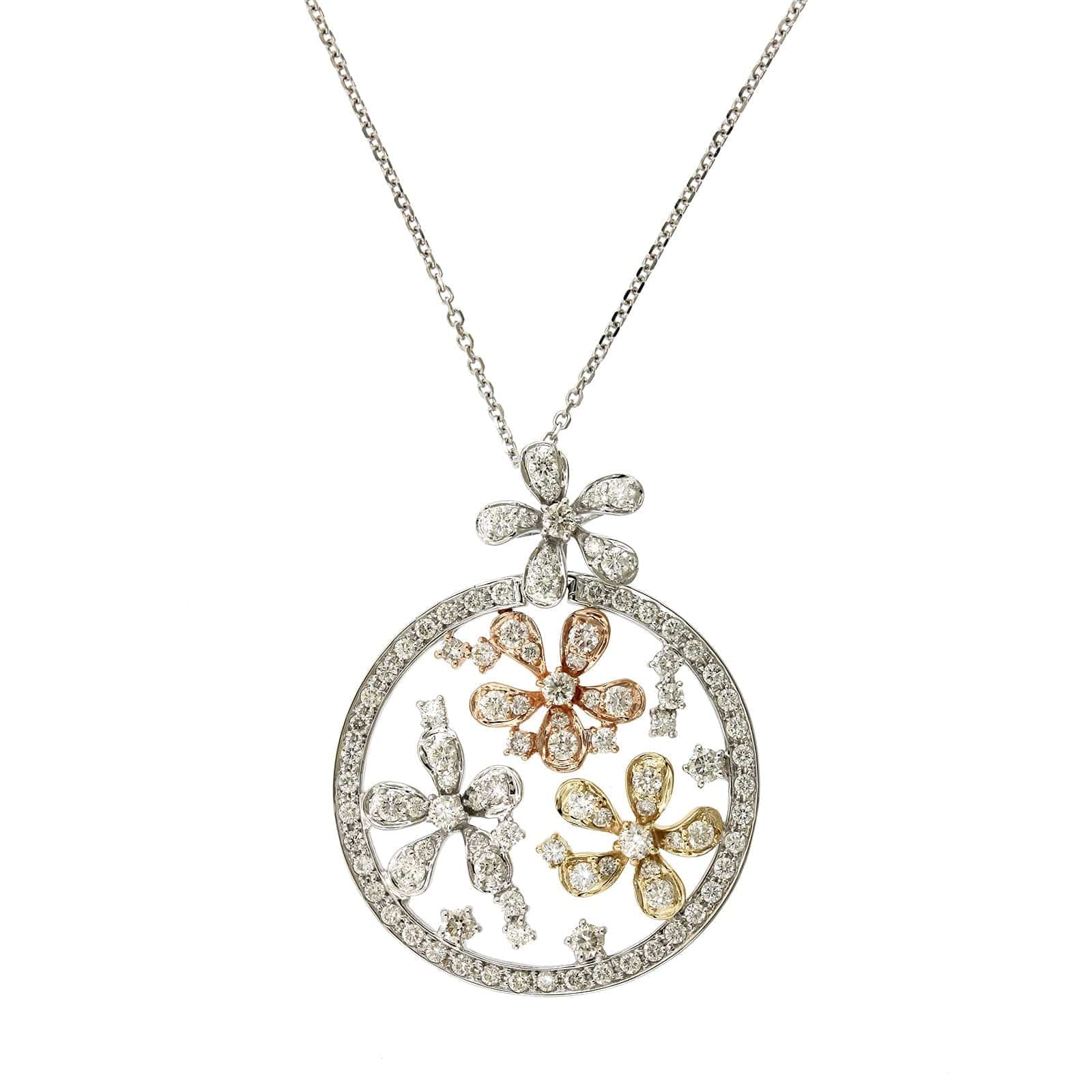 14K Tri-Color Floral Diamond Necklace