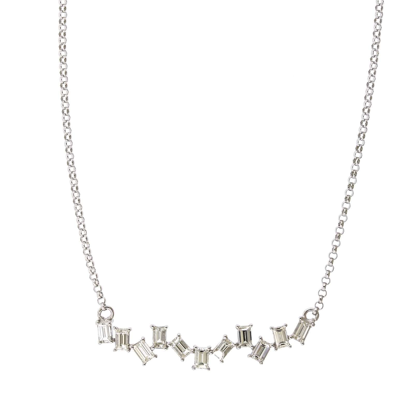 14K White Gold Zigzag Baguette Diamond Necklace