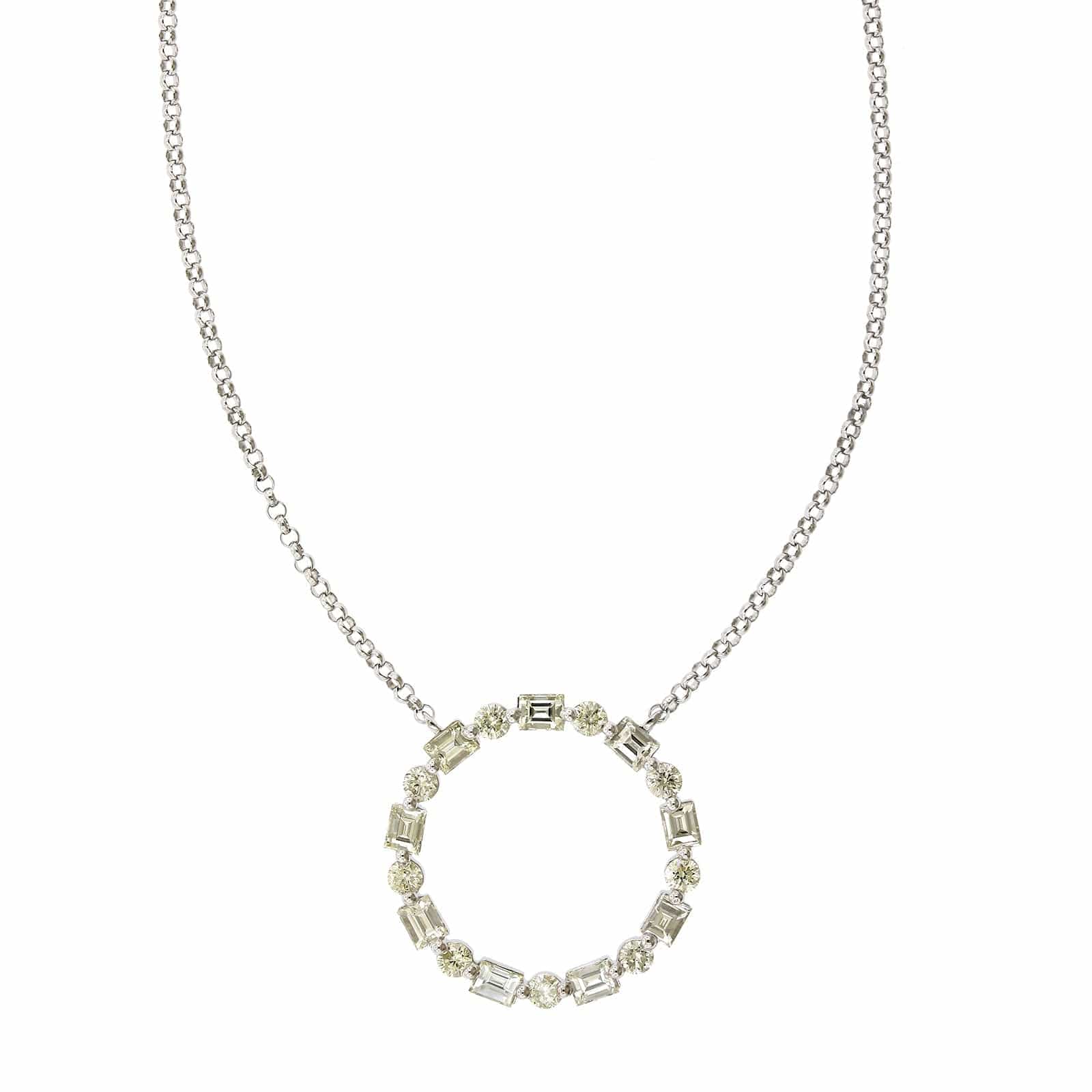 14K White Gold Round and Baguette Diamond Circle Necklace