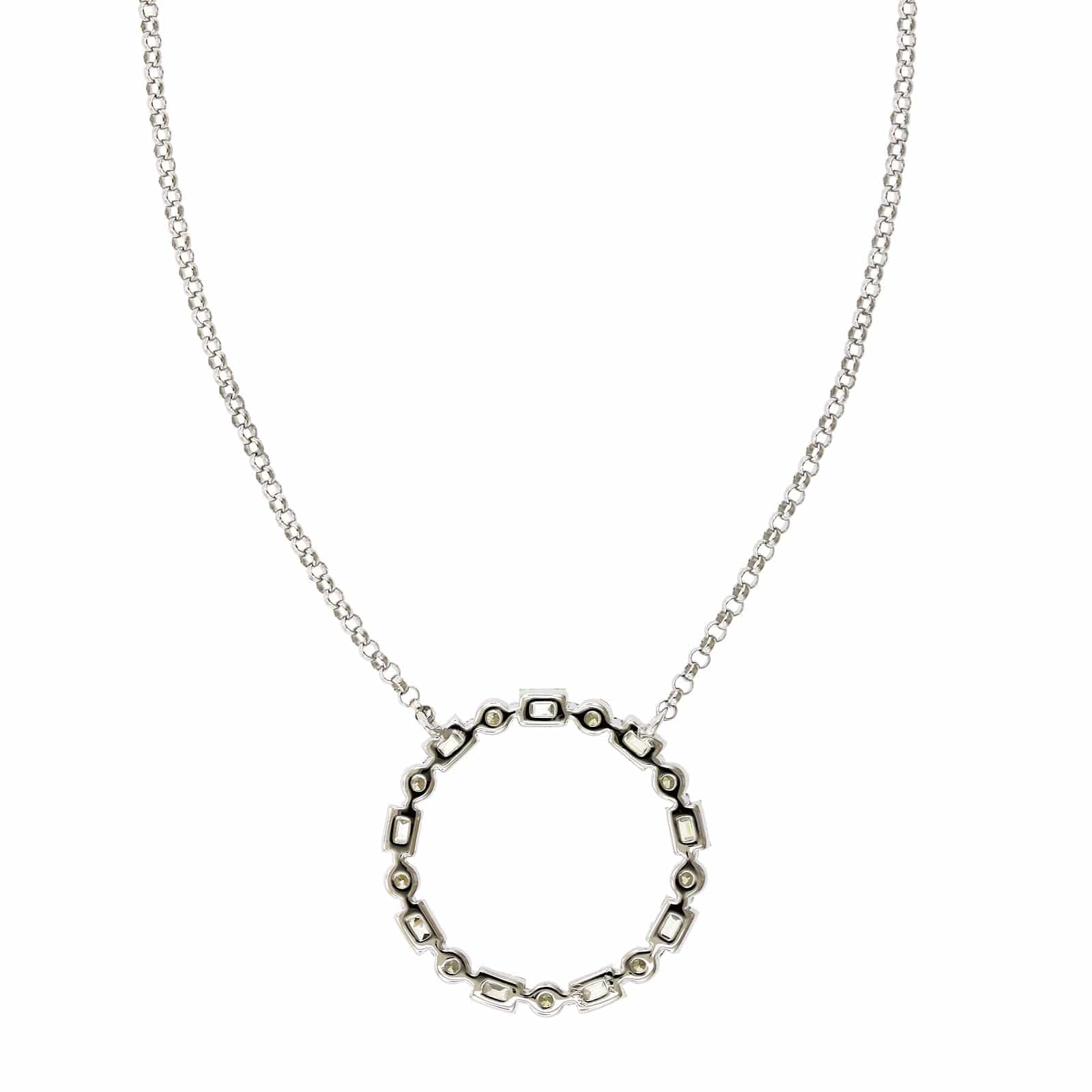 14K White Gold Round and Baguette Diamond Circle Necklace - Image 2
